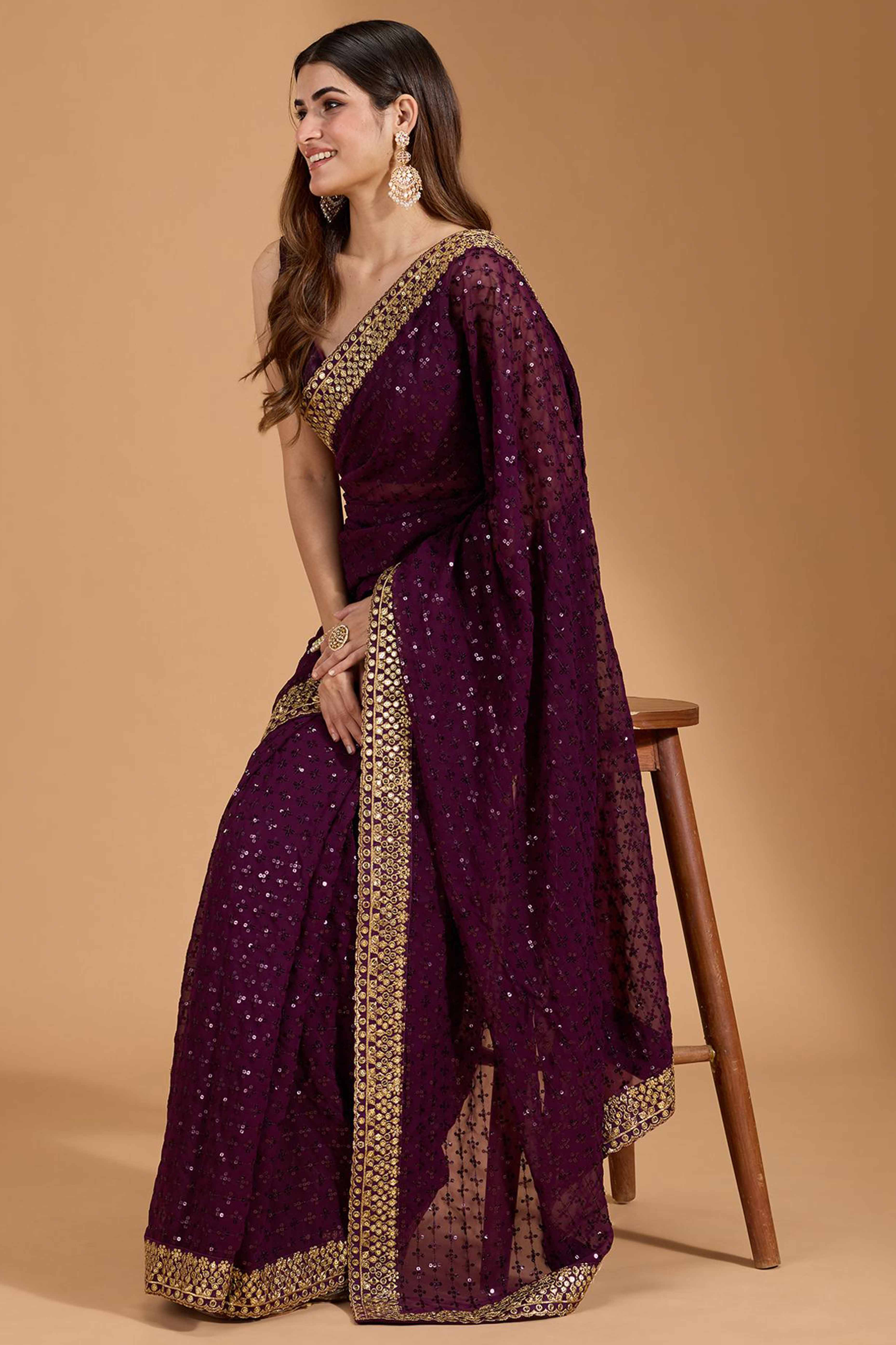 Wine Georgette Saree Accentuated with Elegant Sequin Embellishments