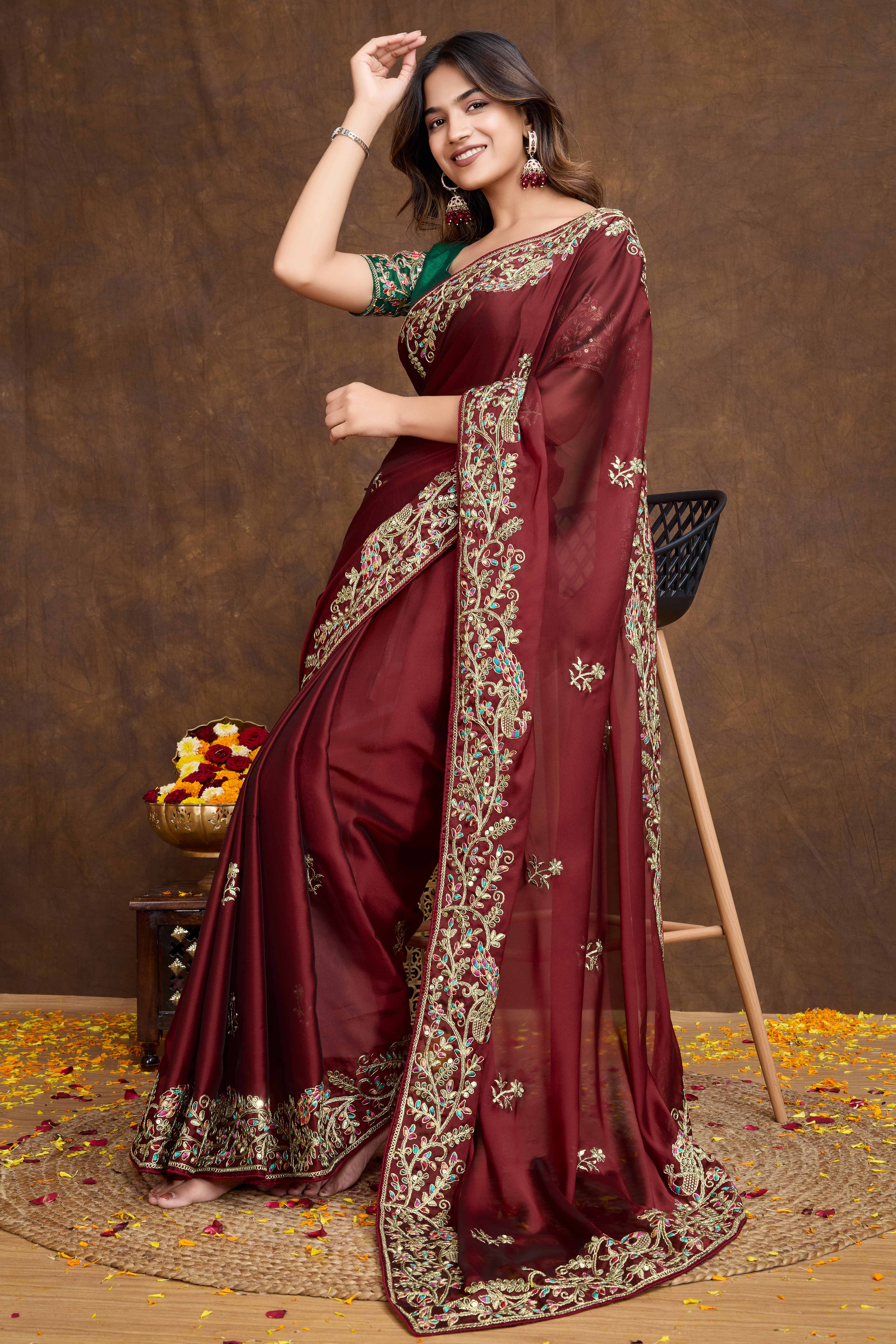 Designer Rich Maroon Silk Blend Saree with Heavy Golden Thread Embroidery