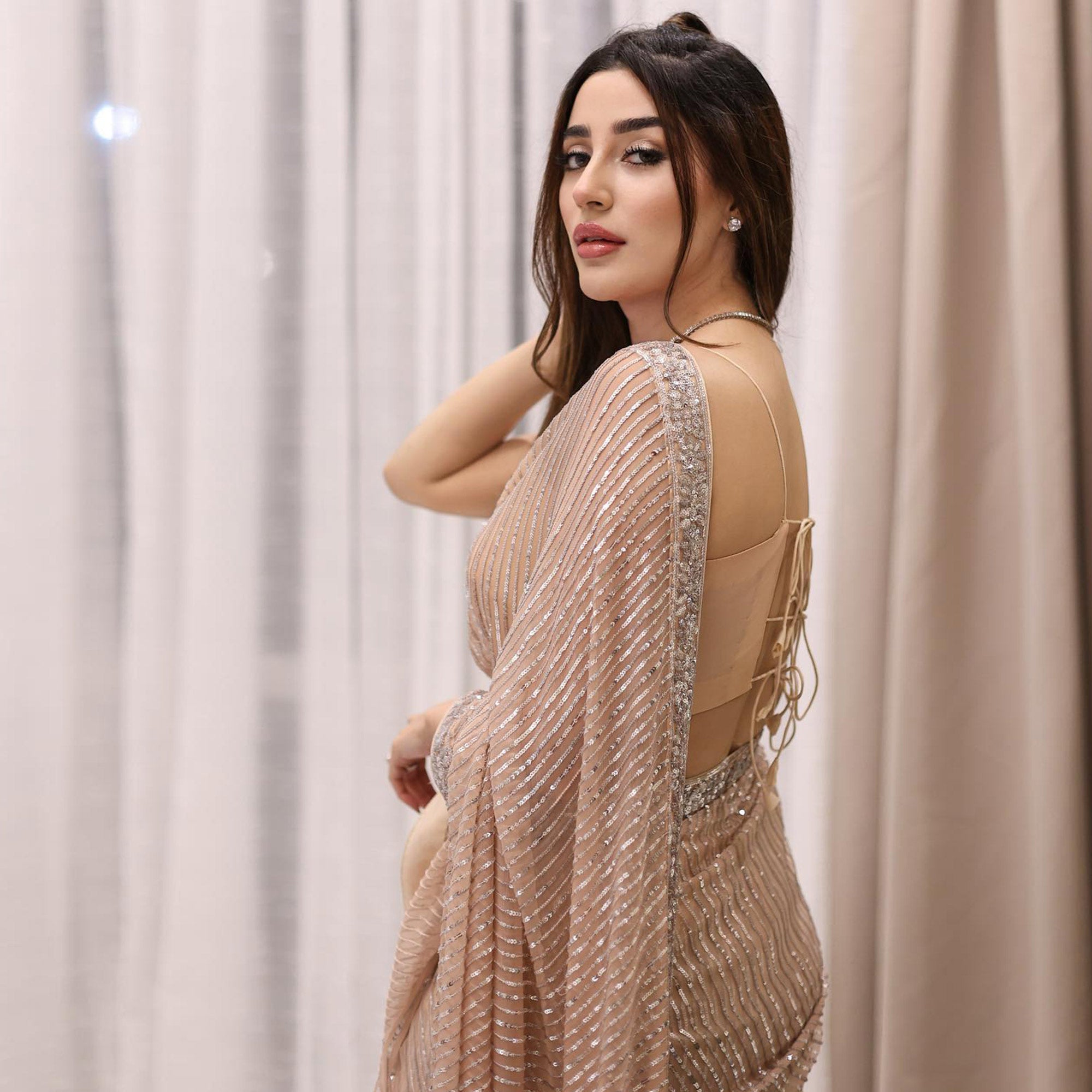 Peach Sequins Embroidered Georgette Saree