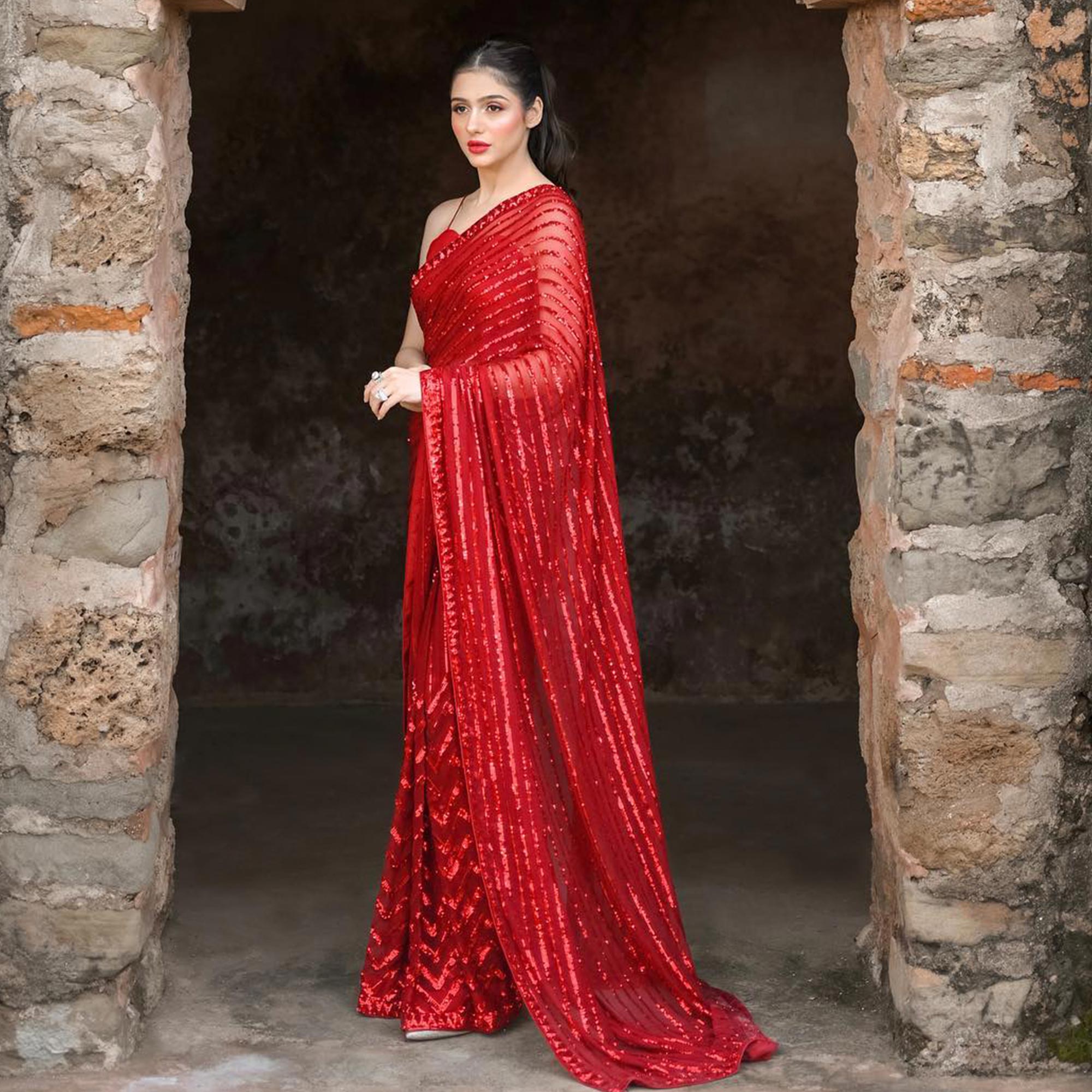 Red Sequins Embroidered Georgette Saree