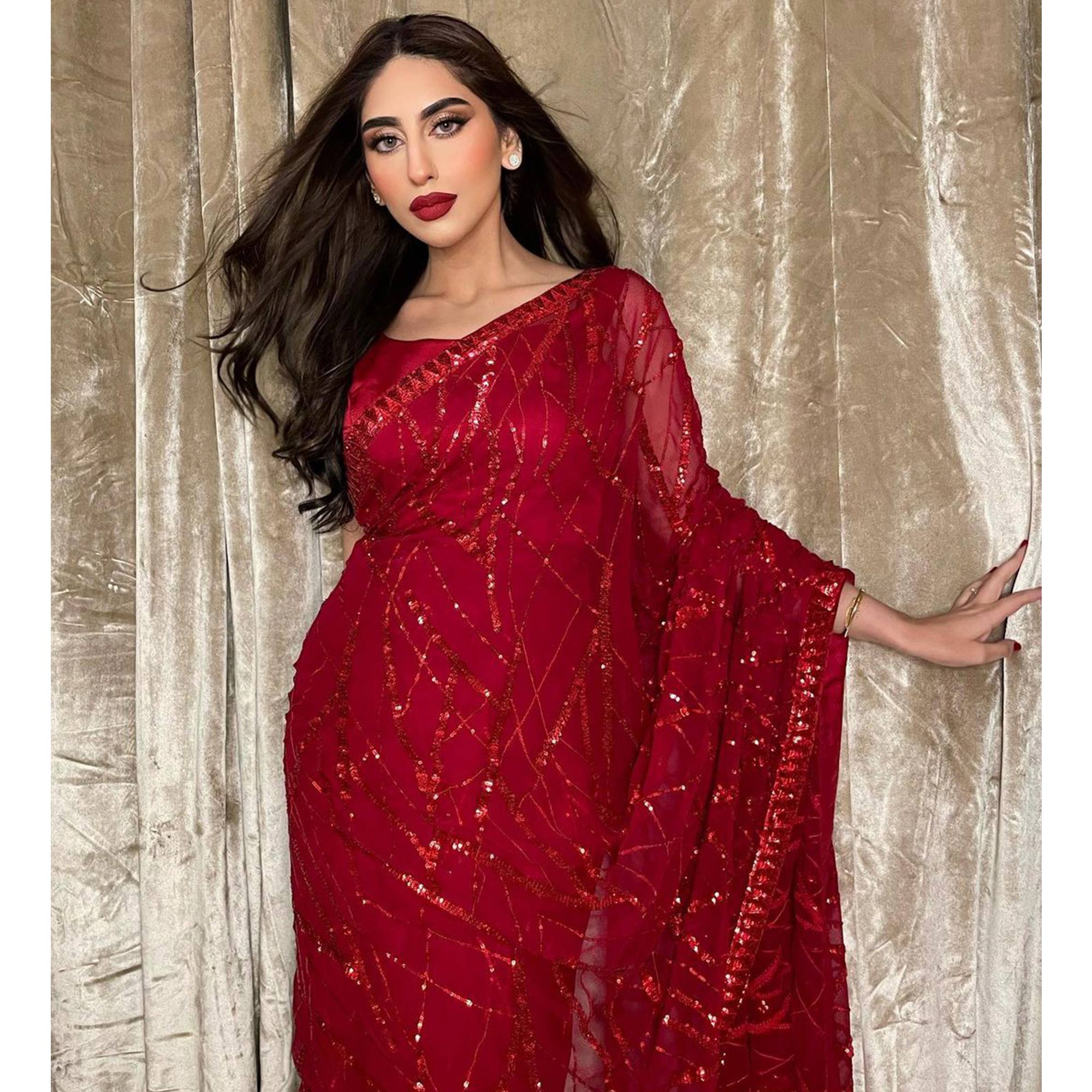 Red Sequins Embroidered Georgette Saree