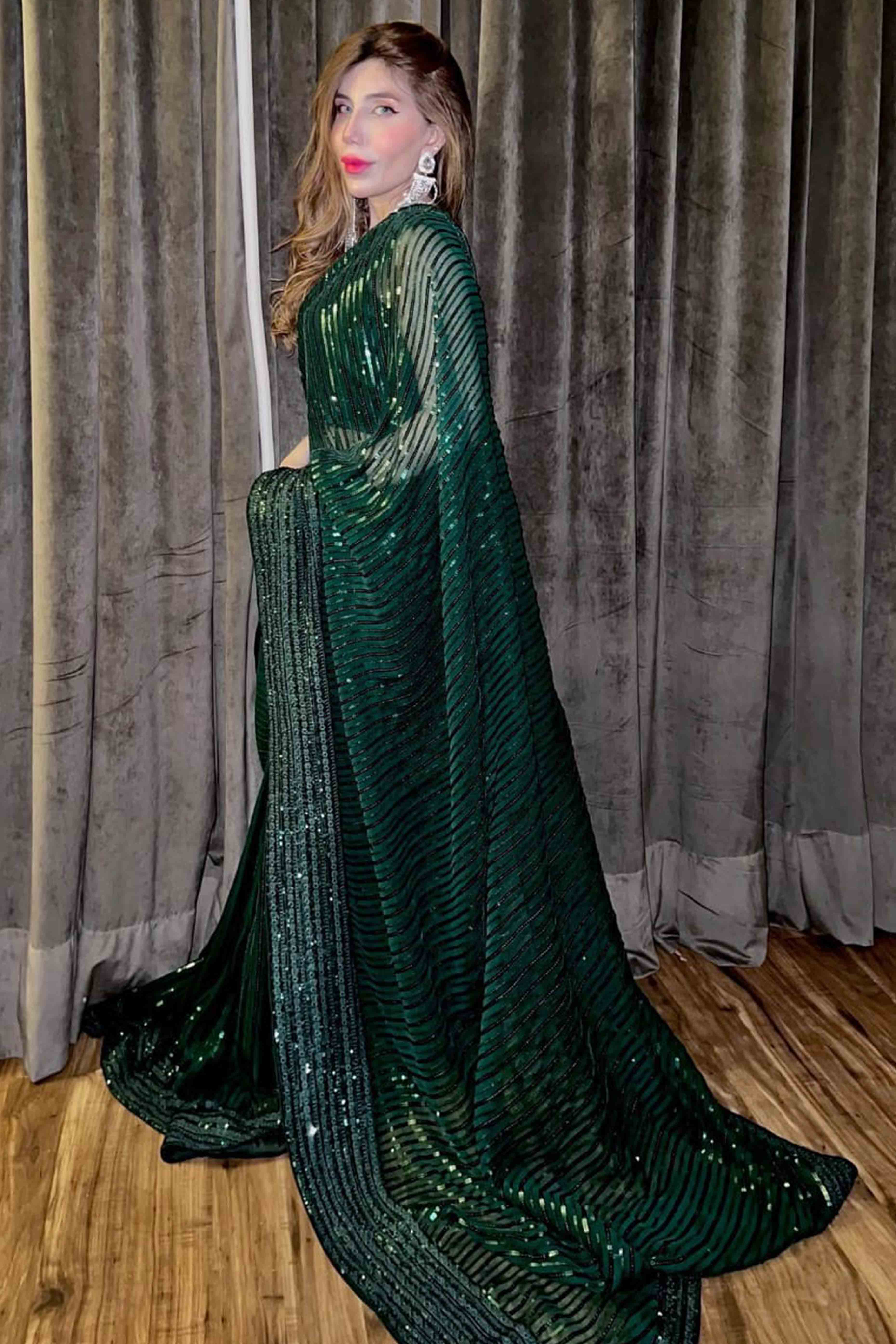 Charming Green Partywear Saree in Georgette with Stylish Sequin Embellishments