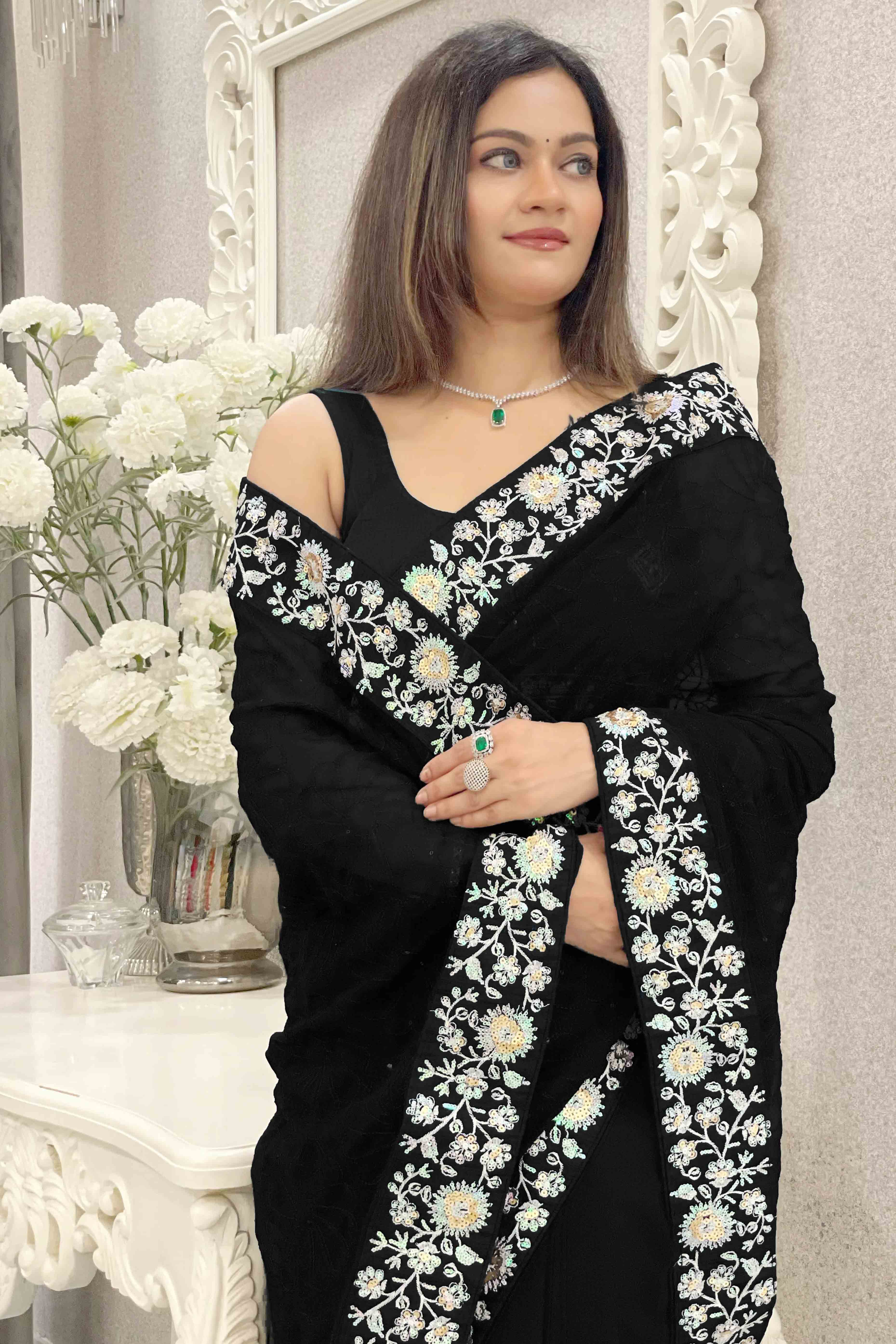 Black Georgette Saree Featuring Fine Sequin Embroidery for a Glam Look