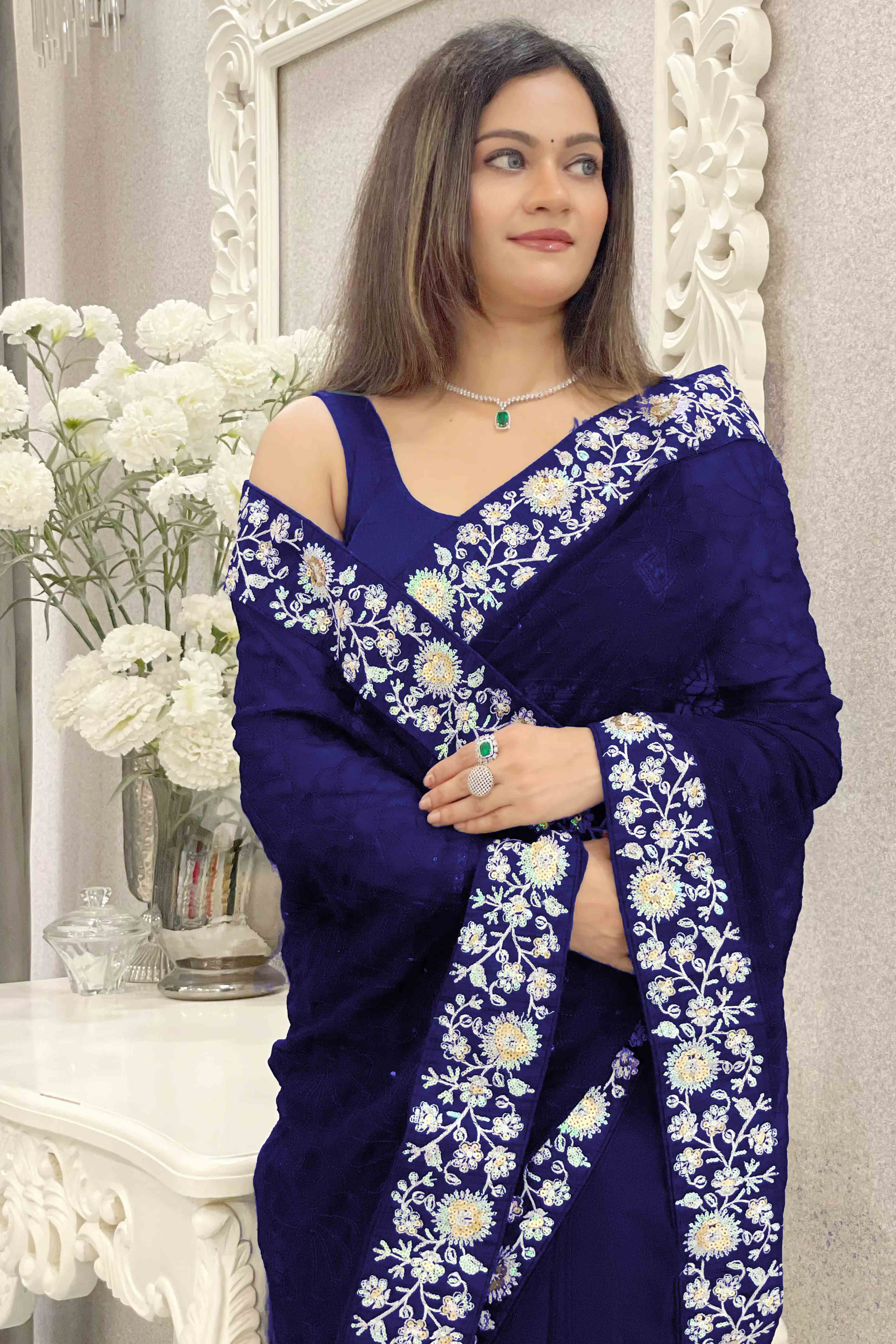 Blue Georgette Saree Featuring Fine Sequin Embroidery for a Glam Look