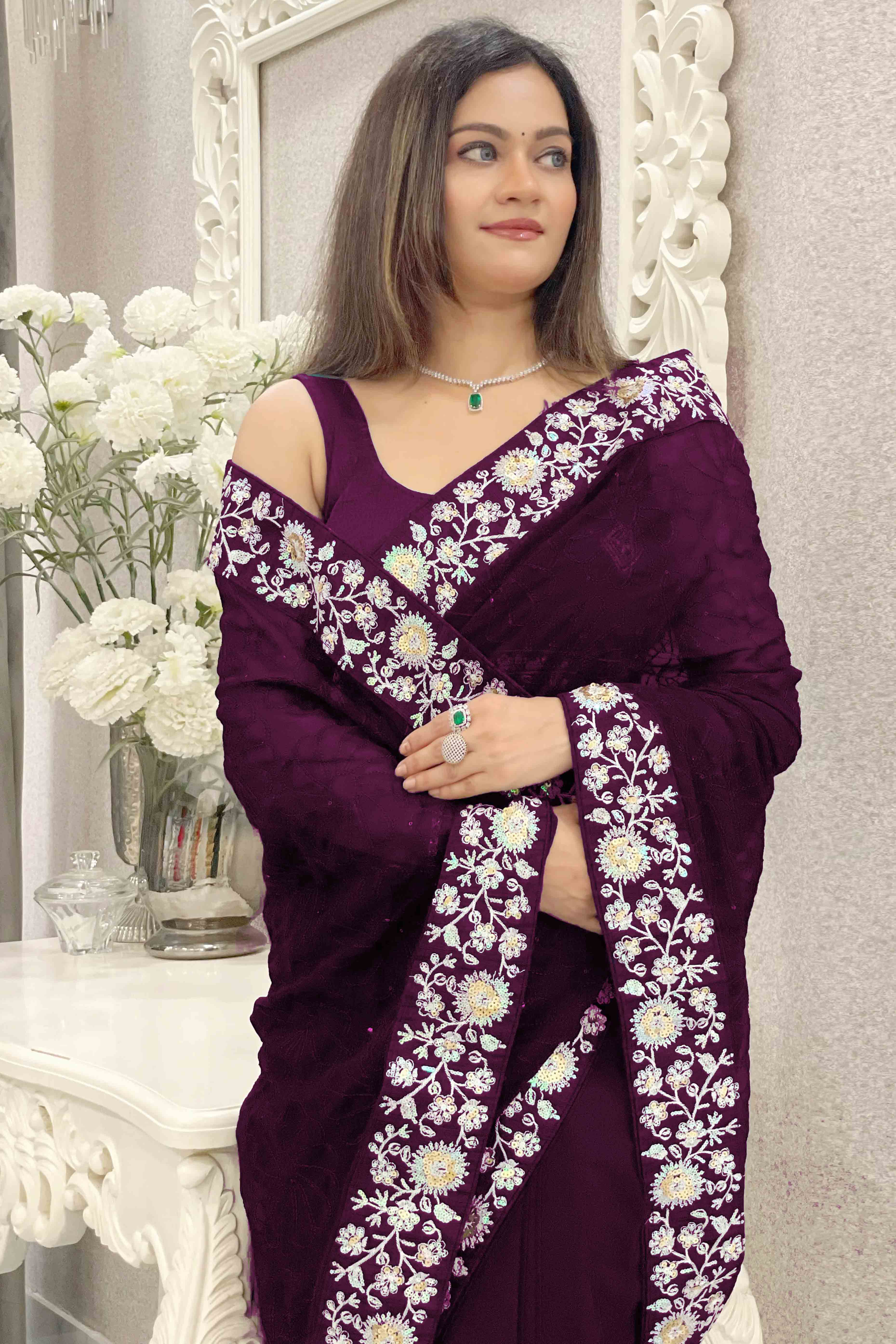 Purple Georgette Saree Featuring Fine Sequin Embroidery for a Glam Look