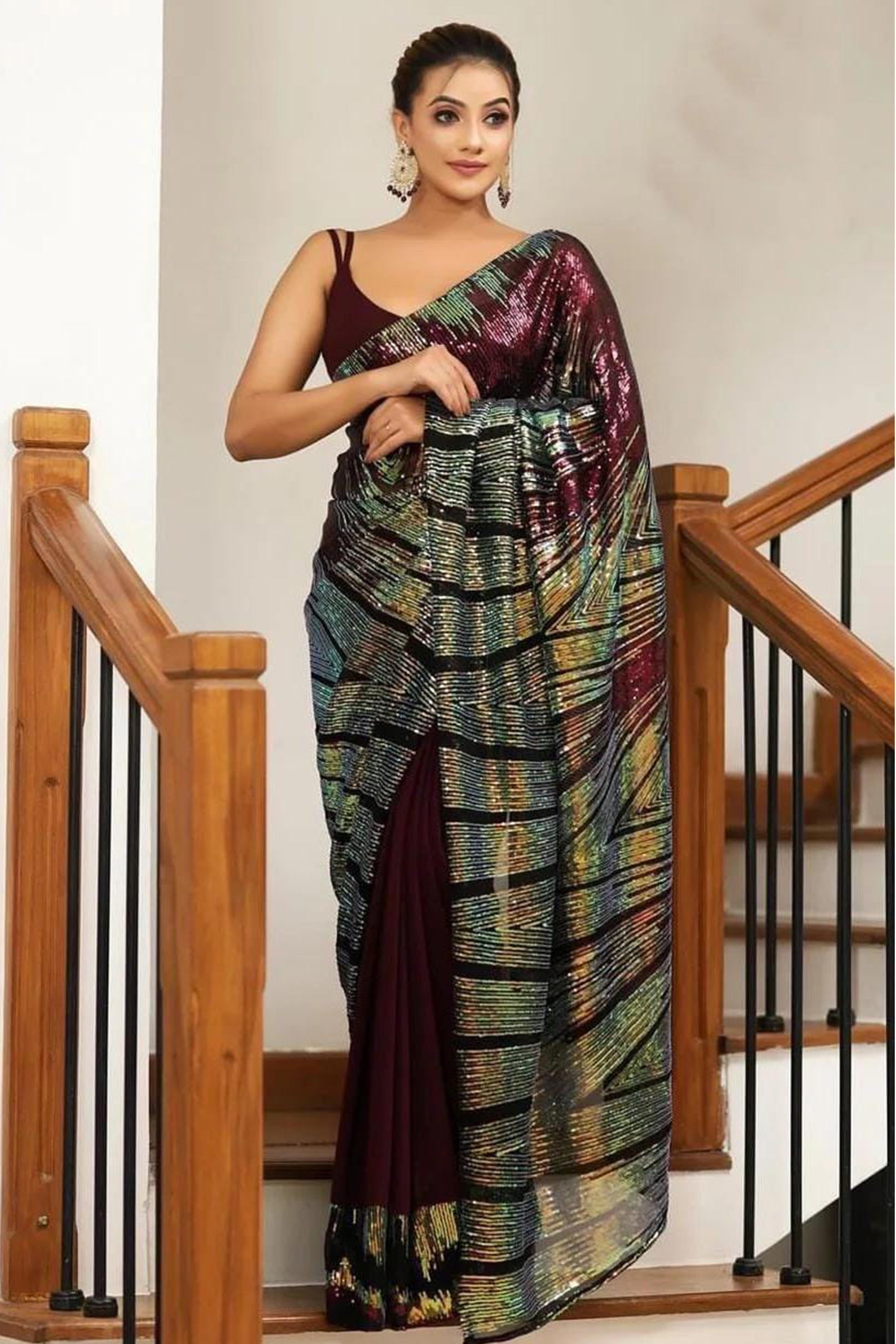 Stunning Wine Georgette Partywear Saree Adorned with All-Over Sequin Embellishments
