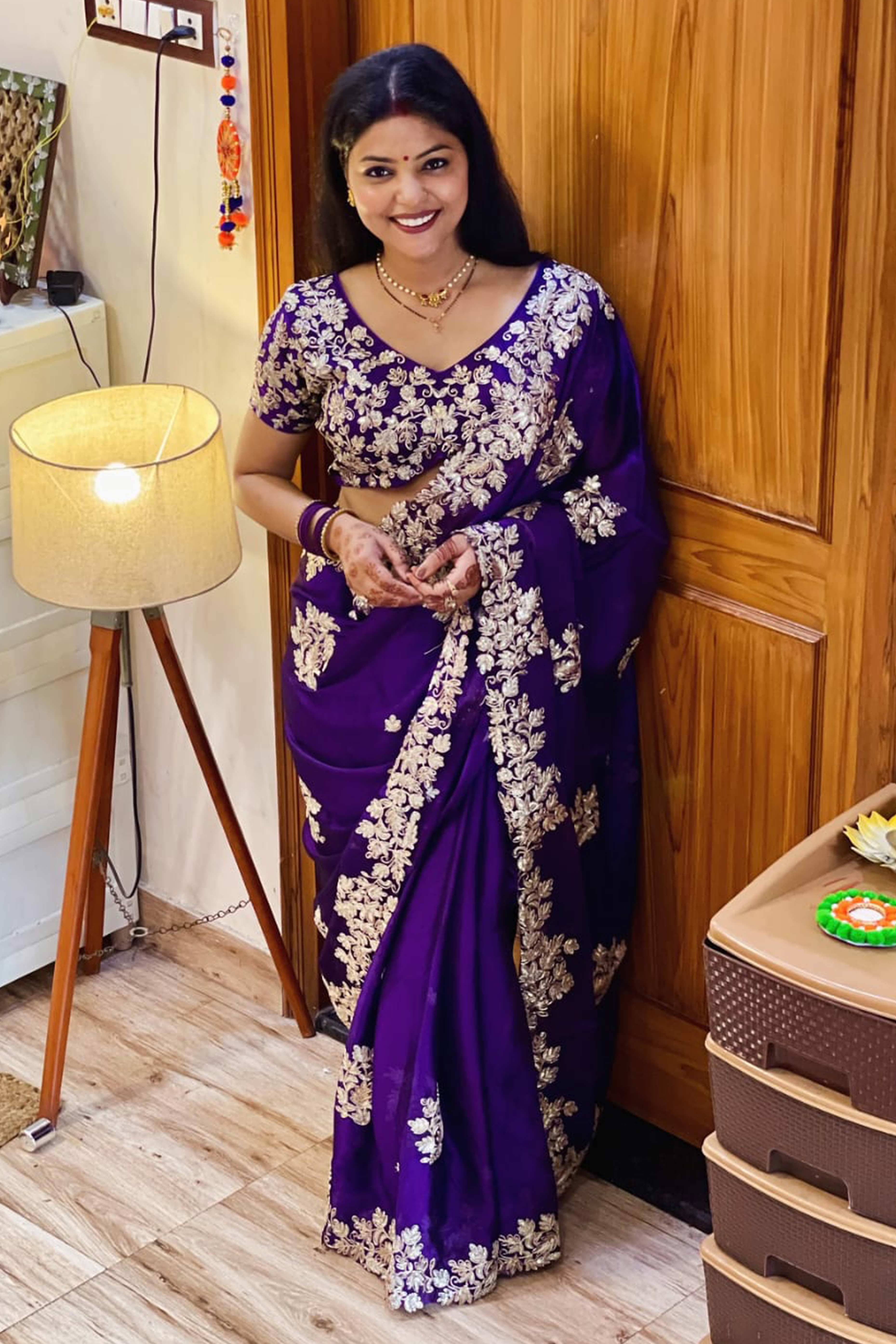 Graceful Violet Silk Blend Saree with Butta Motifs and Exquisite Coding Embroidery