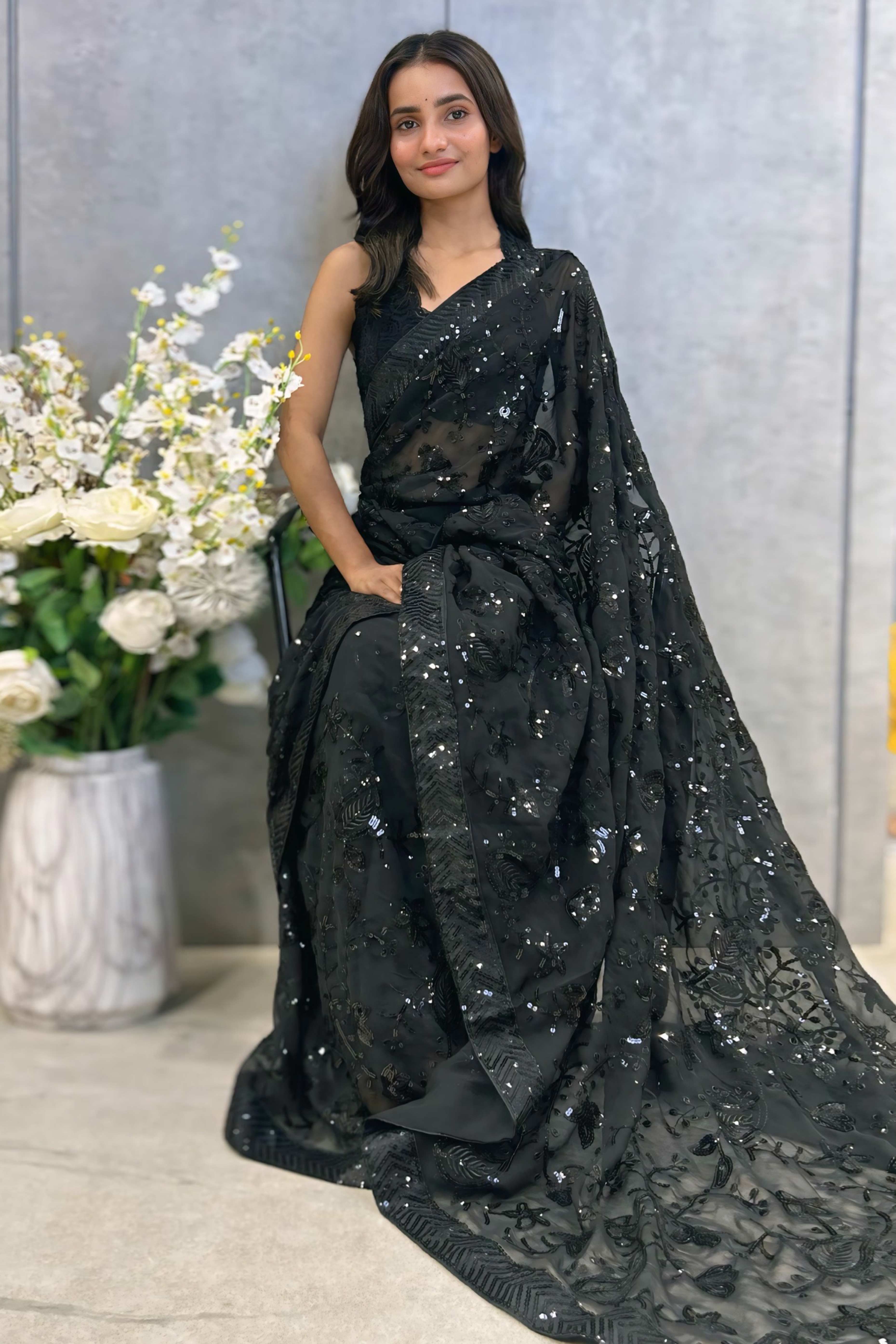 Black Sequins Embellished Georgette Saree with Delicate Embroidery and Sheer Grace