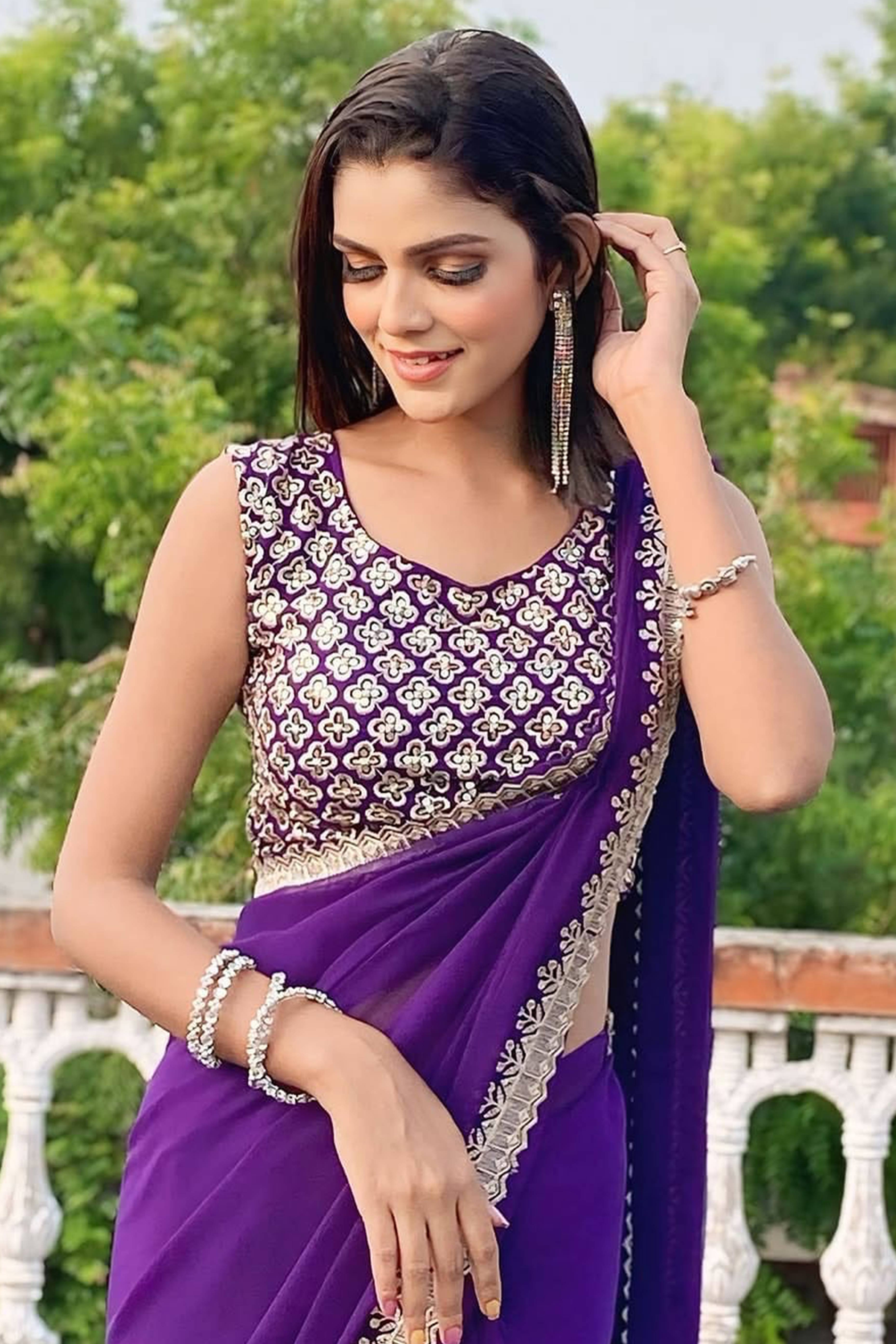 Violet Georgette Saree with Sleek Solid Finish and Embroidered Edging