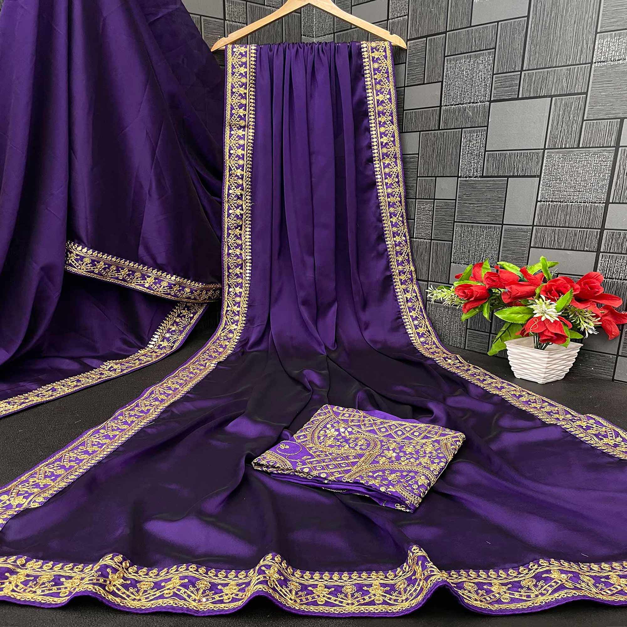 Violet Solid Pattern Saree in Smooth Silk Blend Fabric with Elegant Embroidered Edge Work