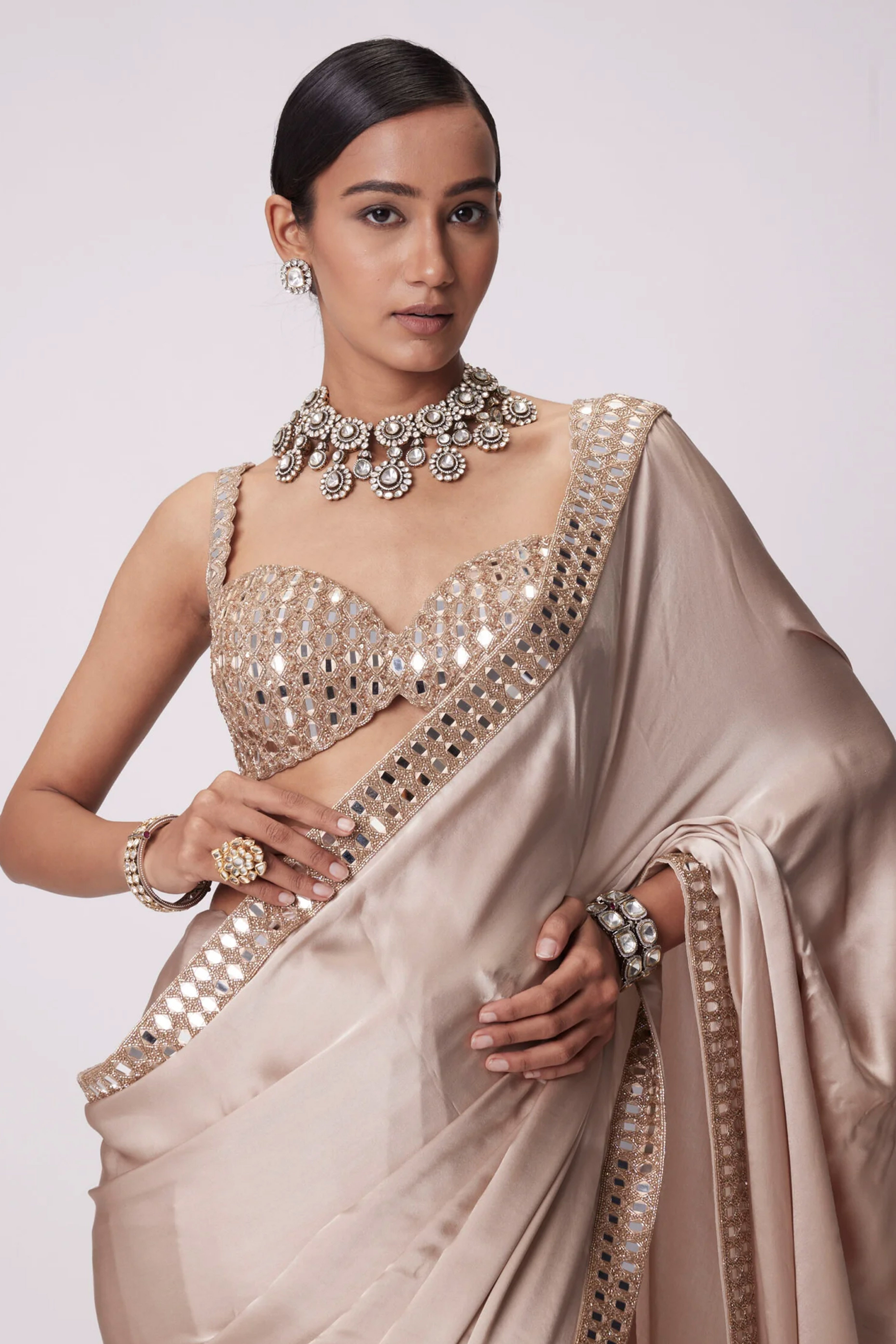 Beige Japan Satin Saree with Sparkling Mirror Embellishments
