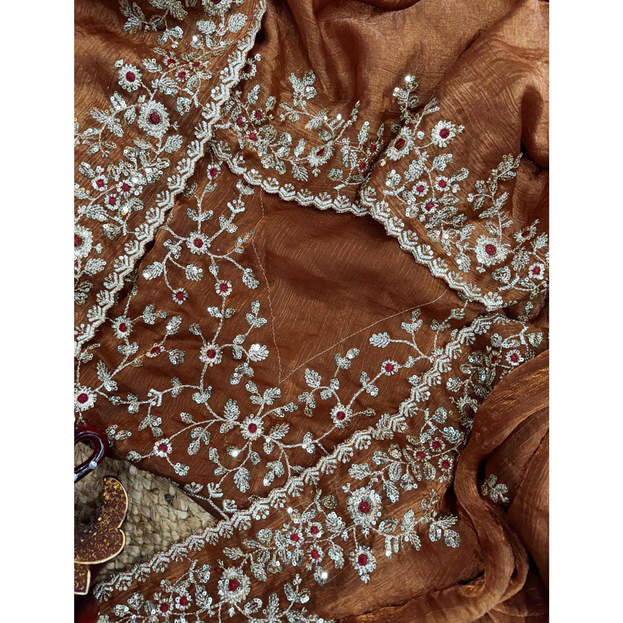 Brown Lightweight Chiffon Saree with Glamorous Sequins Detailing