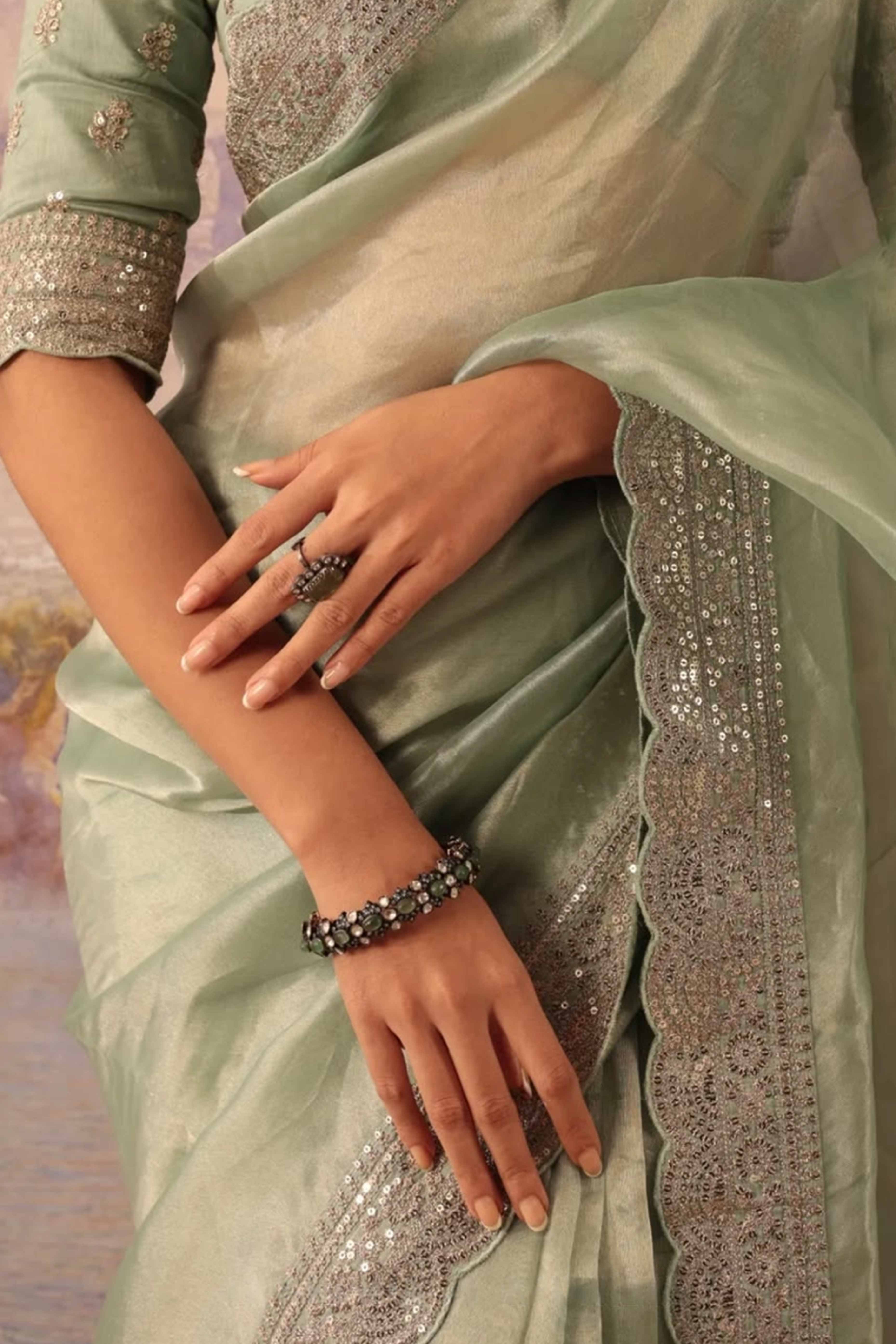 Designer Mint Green Tissue Saree with Sequins Embroidery on Border