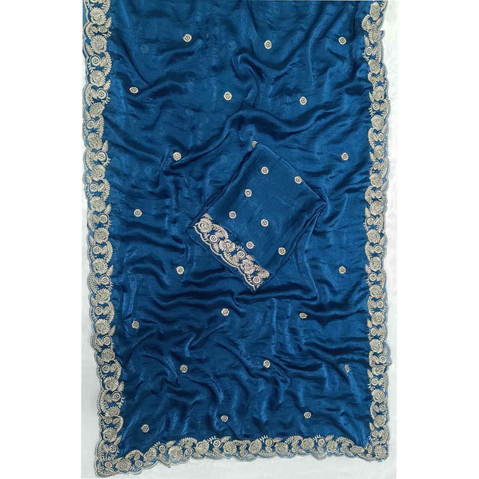 Morpich Blue Satin Silk Saree Accented With Intricate Floral Cording Embroidery