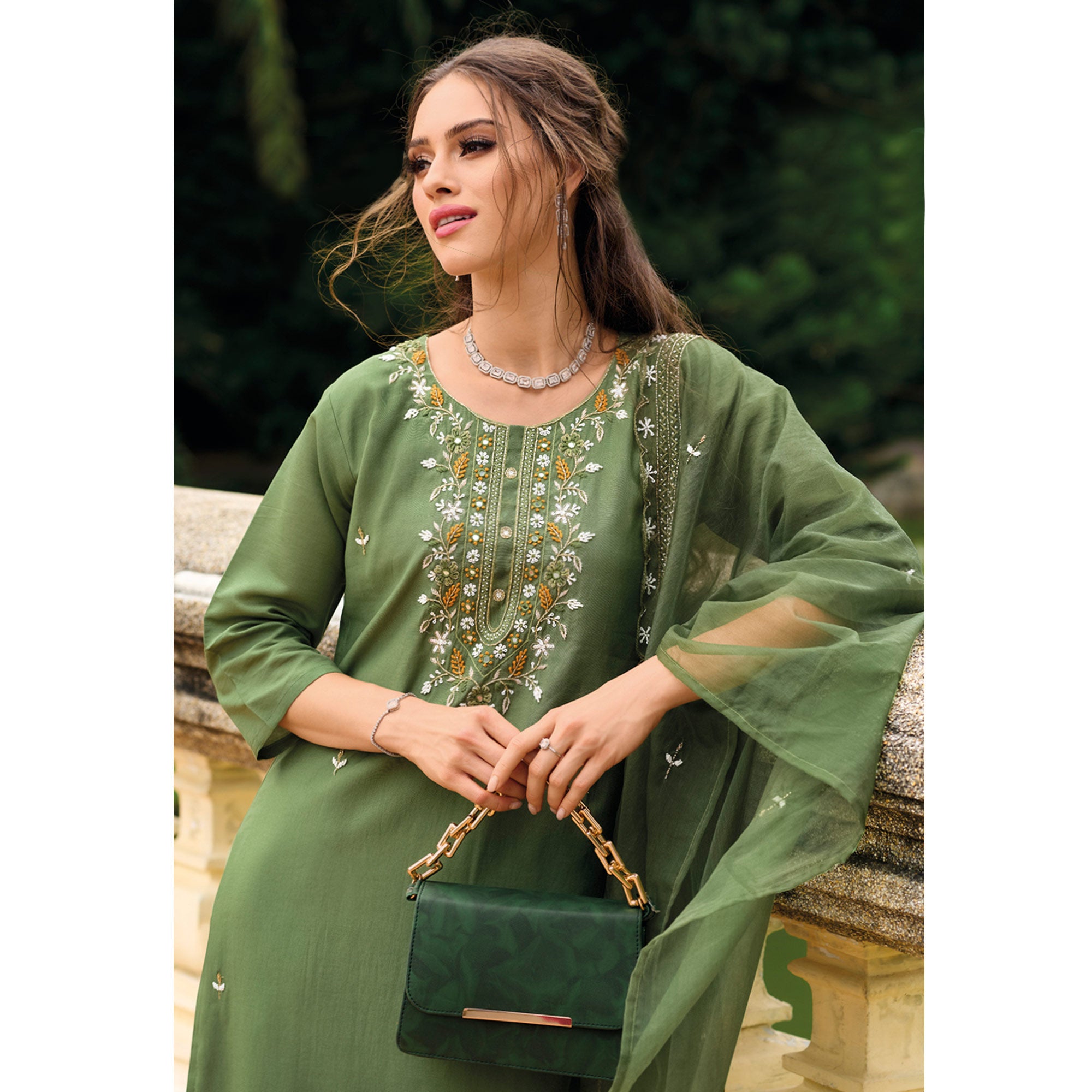 Green Floral Embroidered Cotton Silk Suit