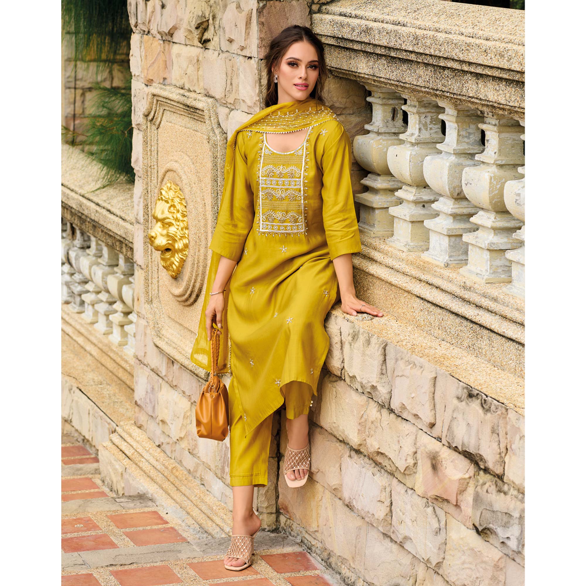 Mustard Floral Embroidered Cotton Silk Suit