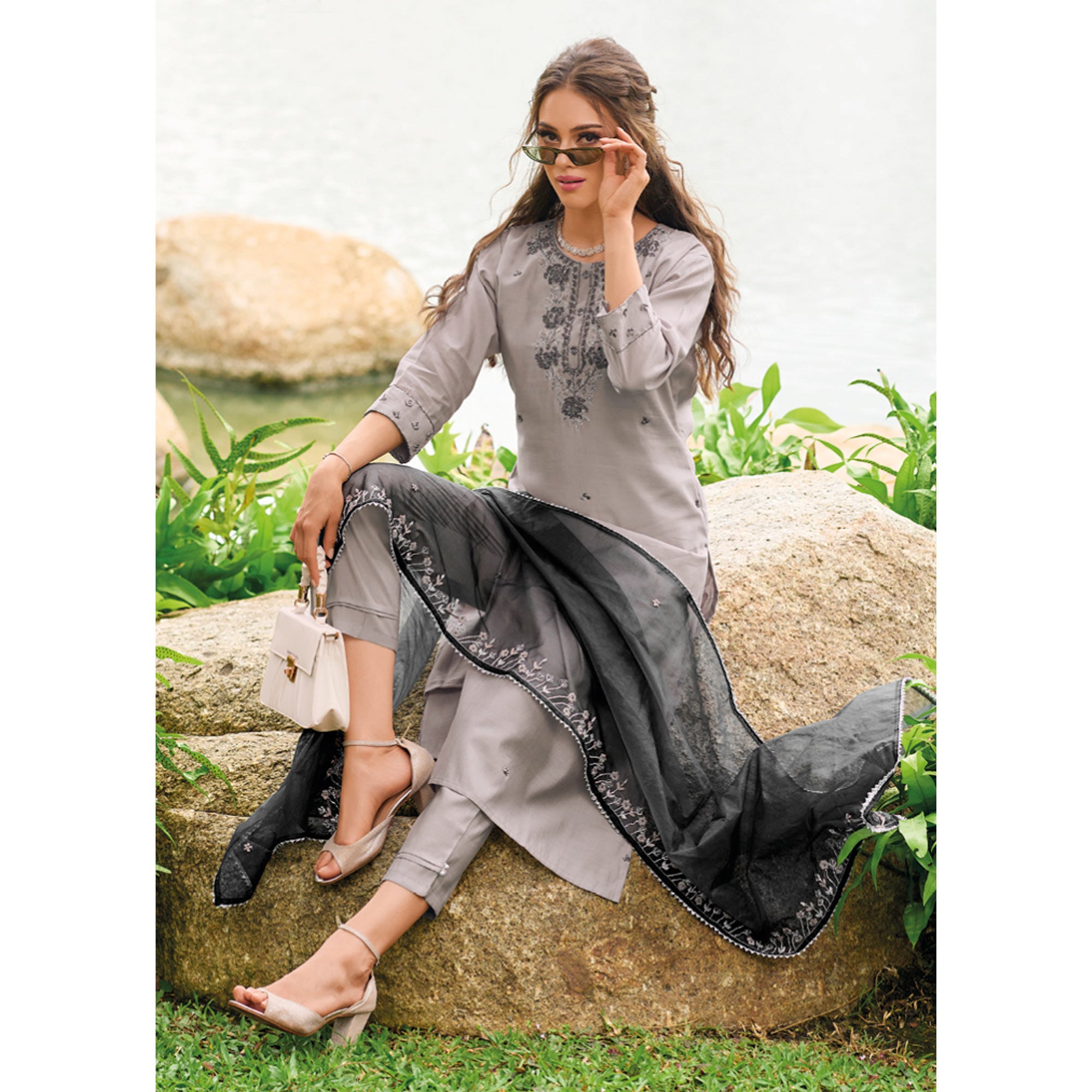 Grey Floral Embroidered Cotton Silk Suit