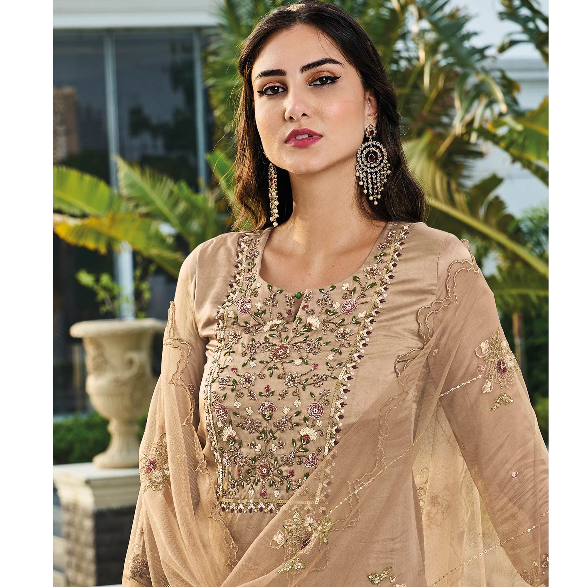 Chikoo Embroidered Chinon Sharara Suit