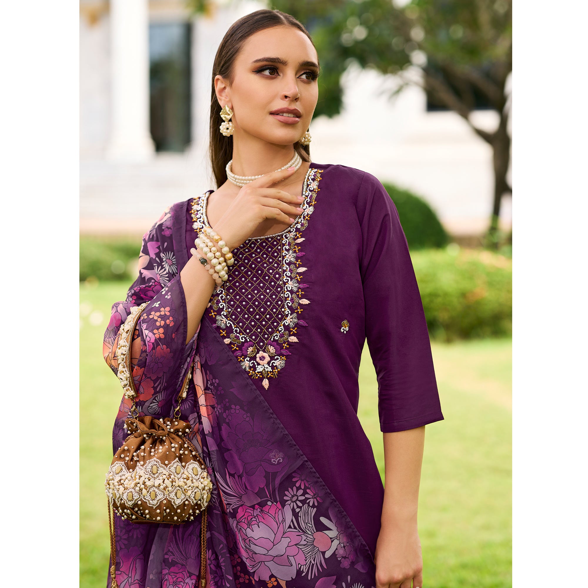 Purple Floral Embroidered Chanderi Silk Suit