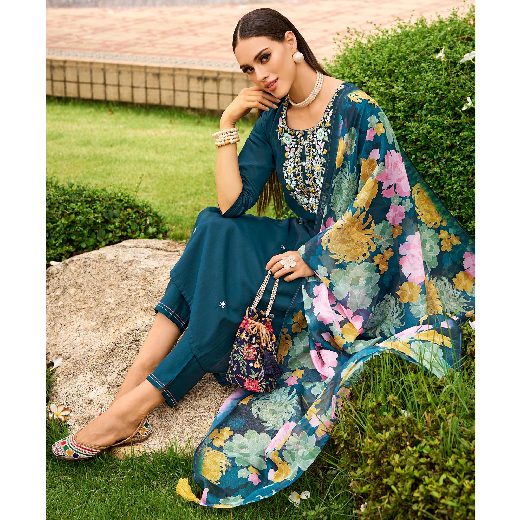 Morpich Floral Embroidered Chanderi Silk Suit