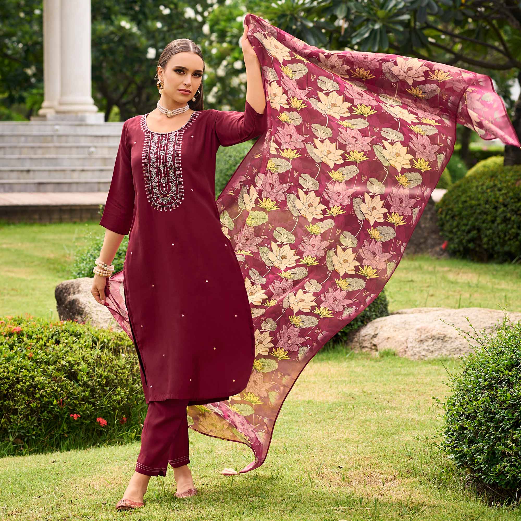 Maroon Floral Embroidered Chanderi Silk Suit