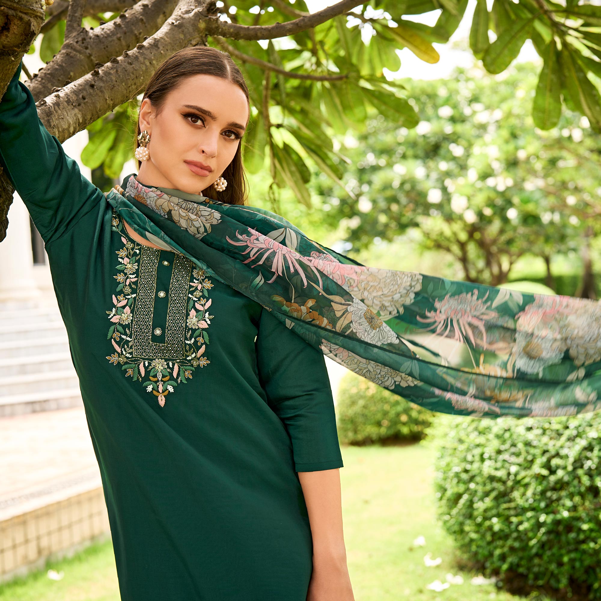 Green Floral Embroidered Chanderi Silk Suit