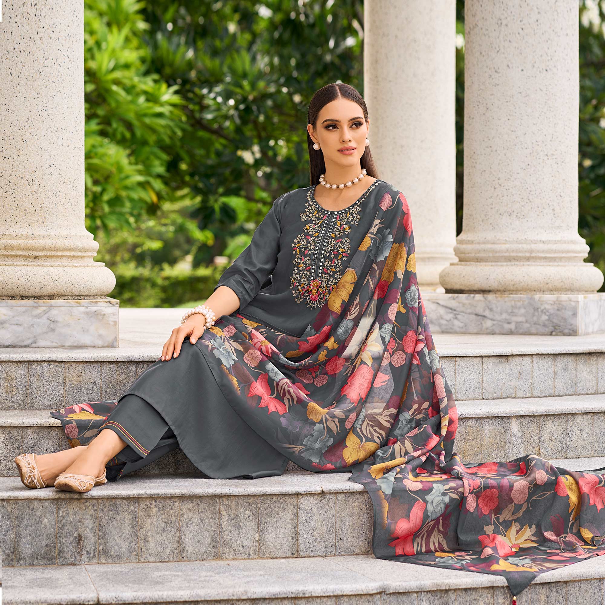 Grey Floral Embroidered Chanderi Silk Suit