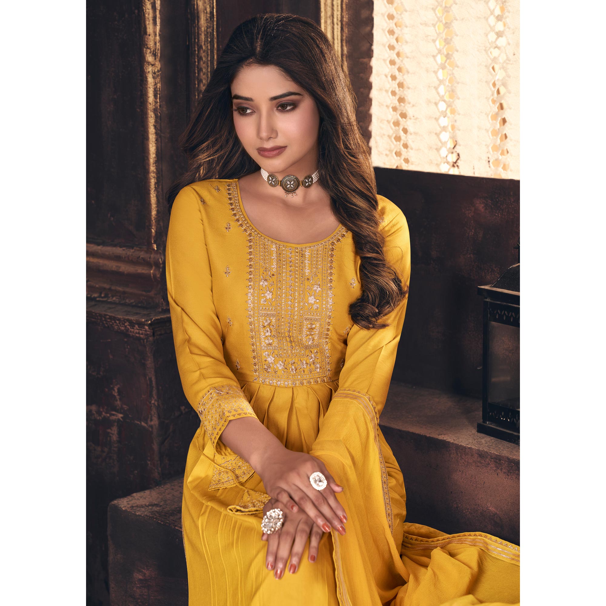 Yellow Embroidered Cotton Silk Naira Cut Suit