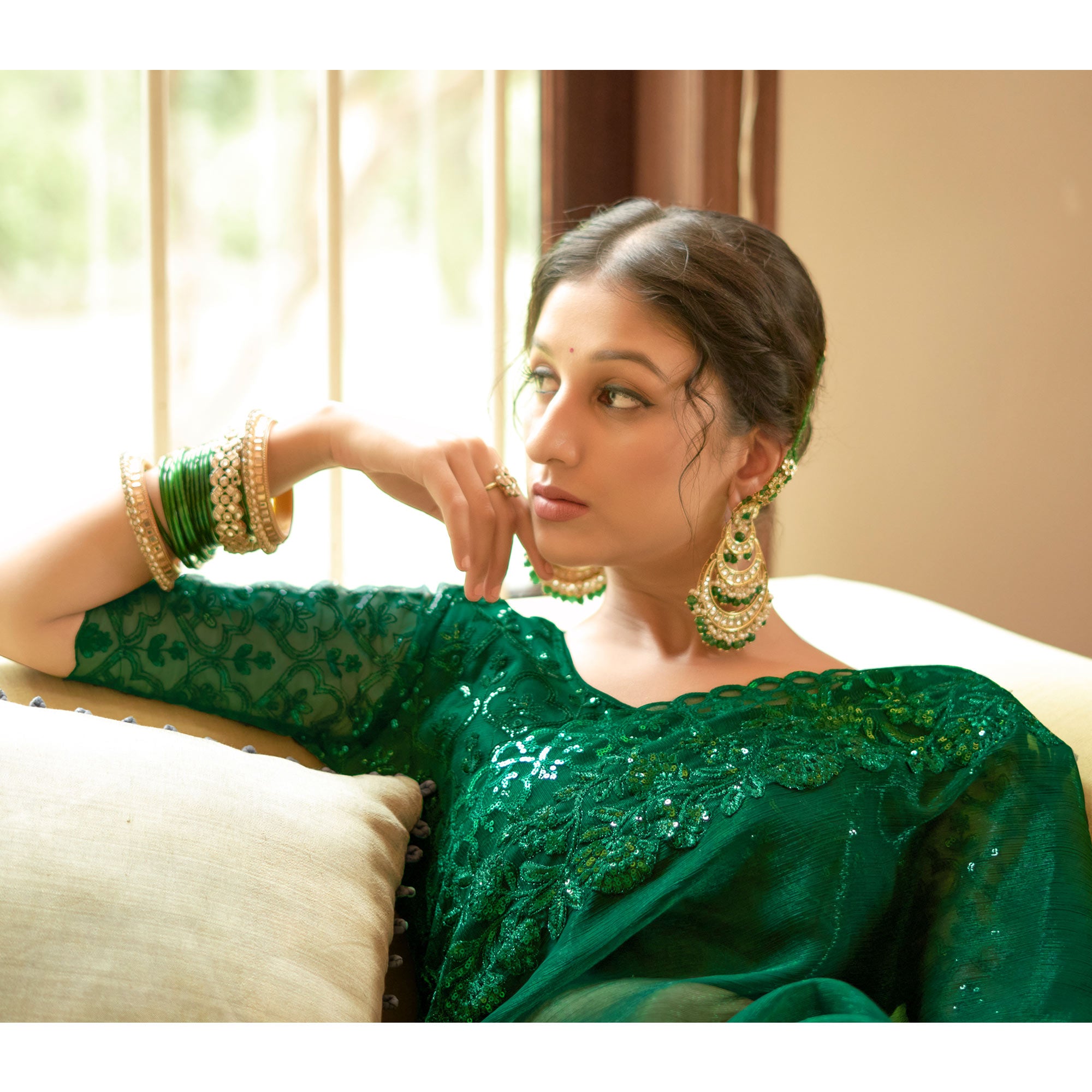 Bottle Green Sequins With Embroidered Chiffon Saree