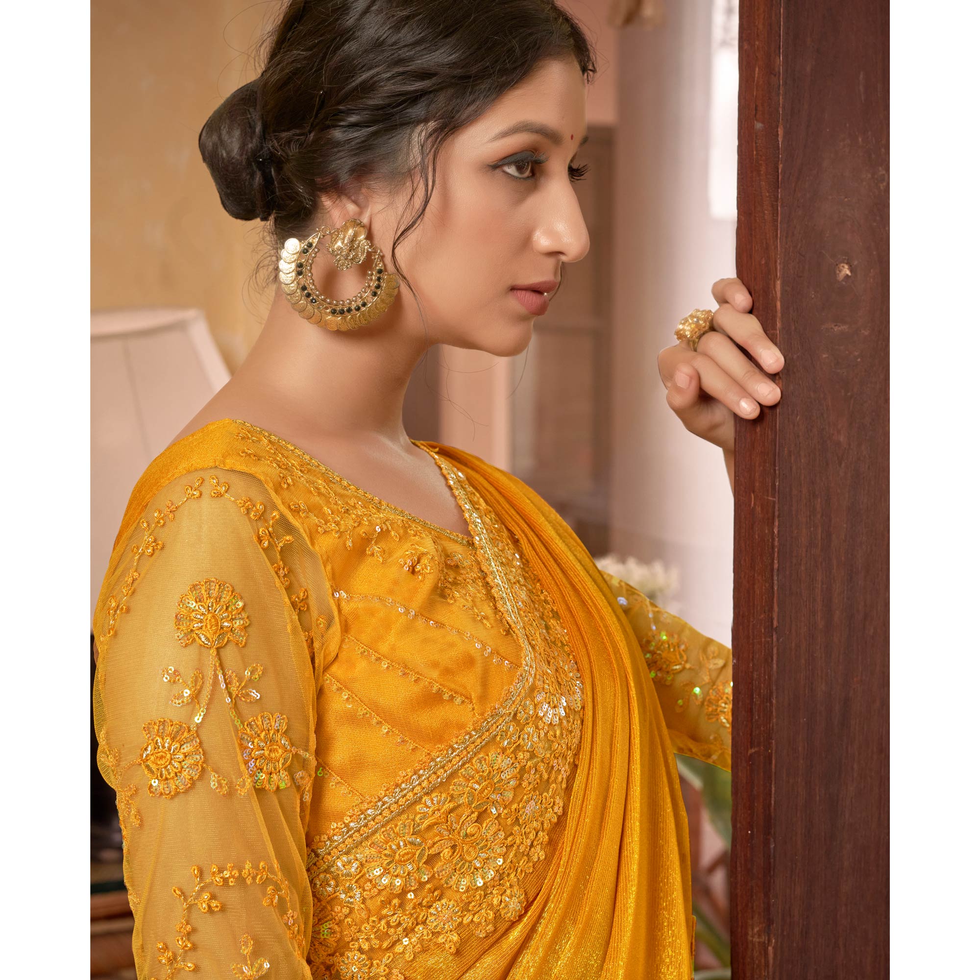 Yellow Sequins With Embroidered Chiffon Saree