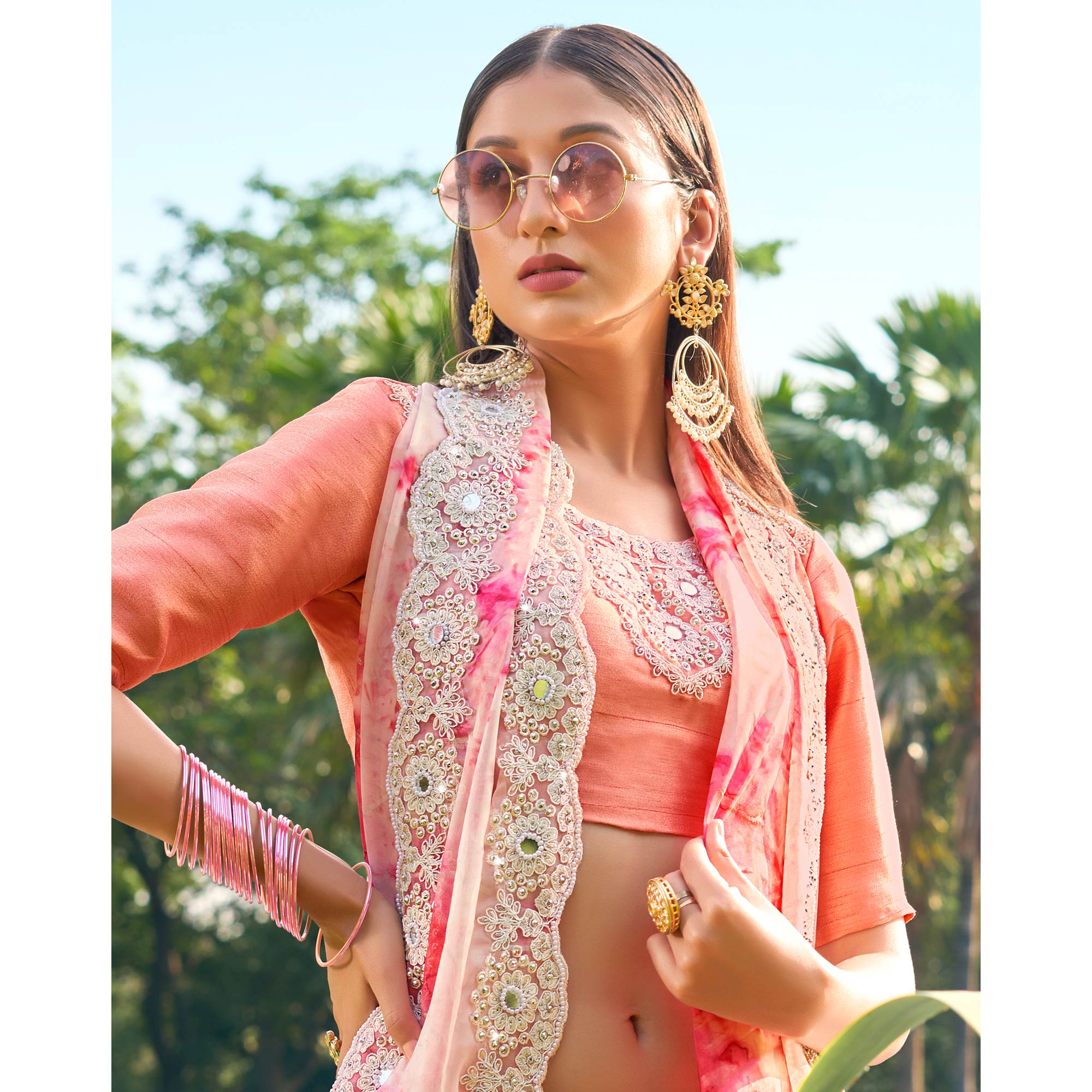 Pink Abstract Printed With Embroidered Organza Saree