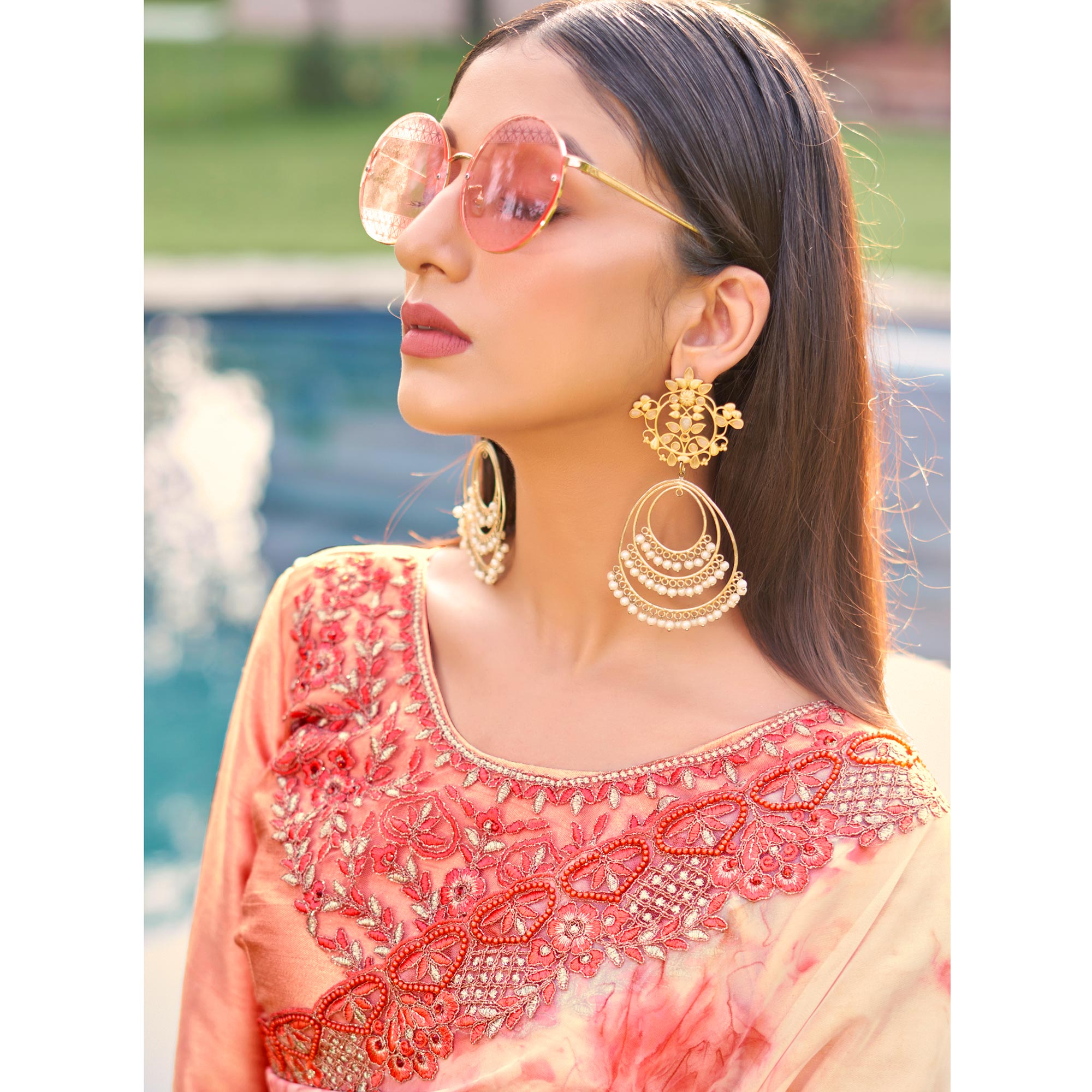 Peach Abstract Printed With Embroidered Organza Saree