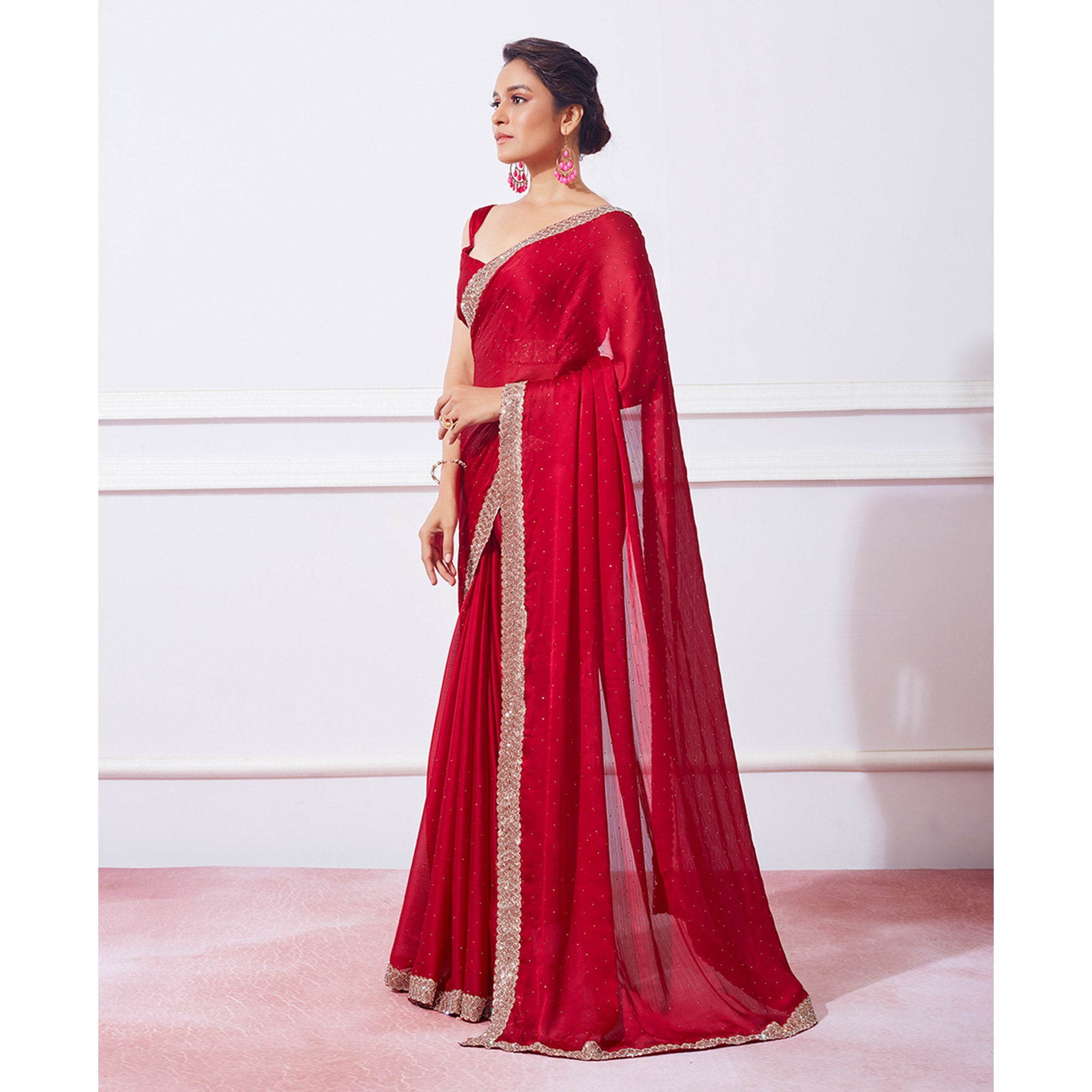 Red Embroidered Swaroski Work Satin Saree