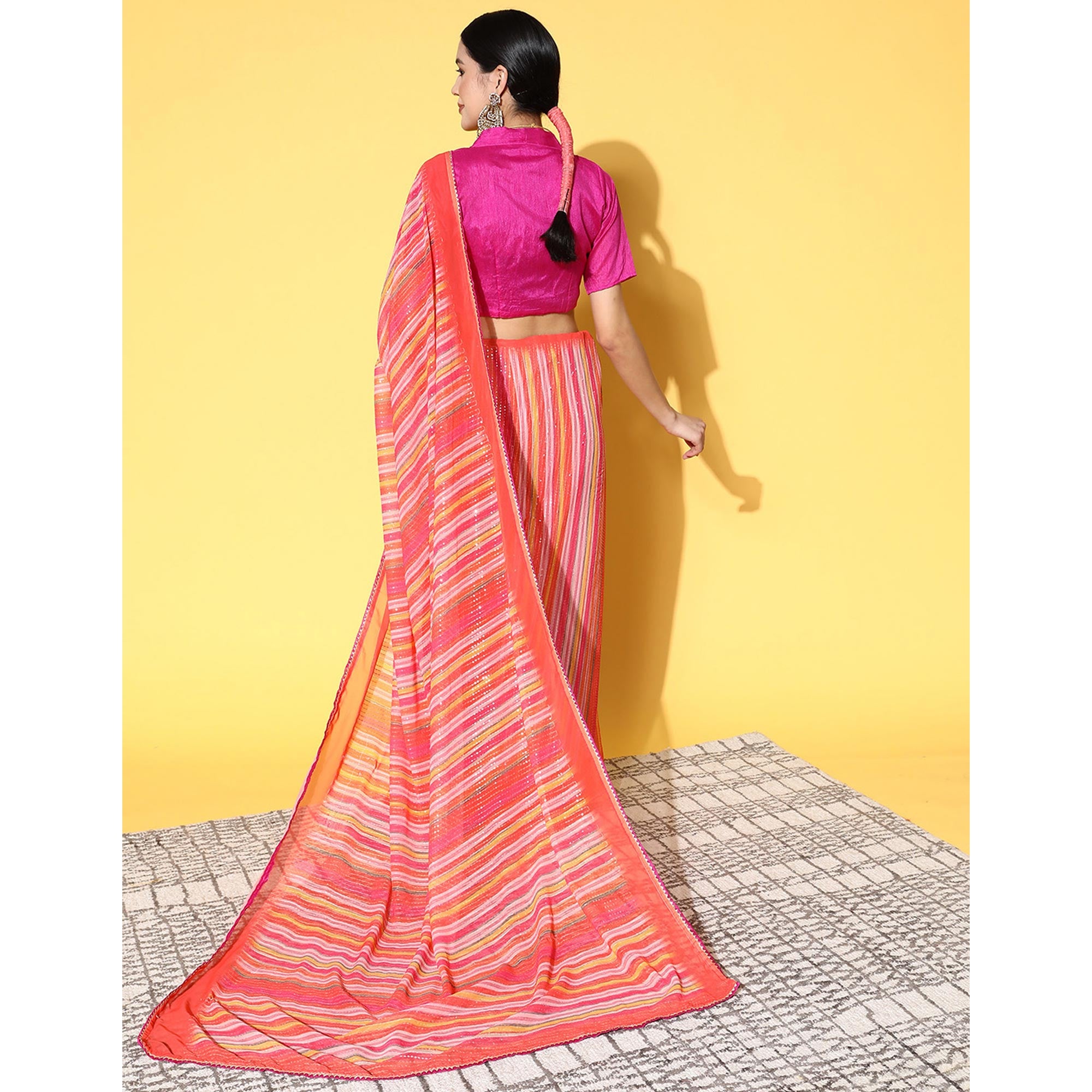 Orange Sequins Embroidered Georgette Saree