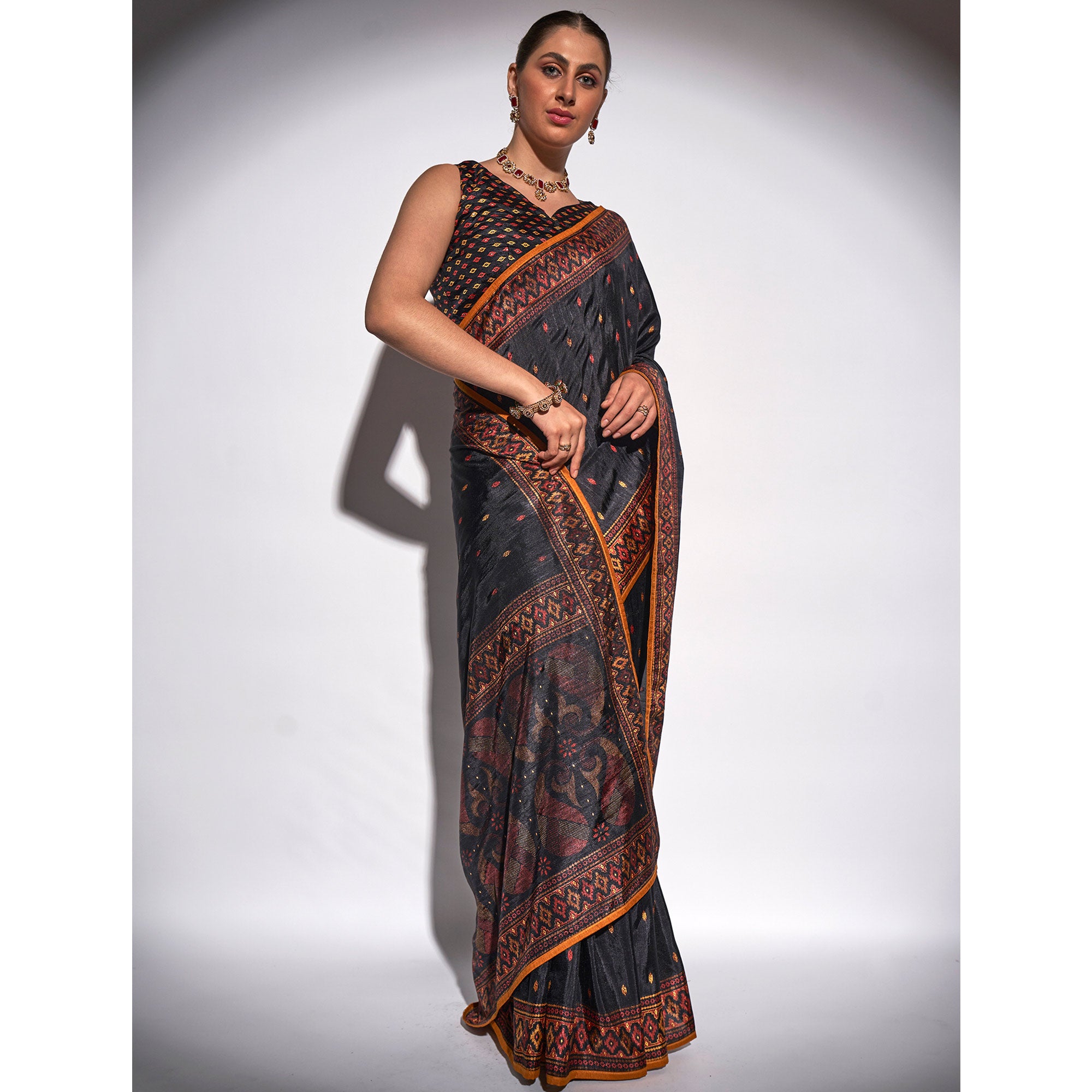 Black Foil Print Georgette Fabric Saree