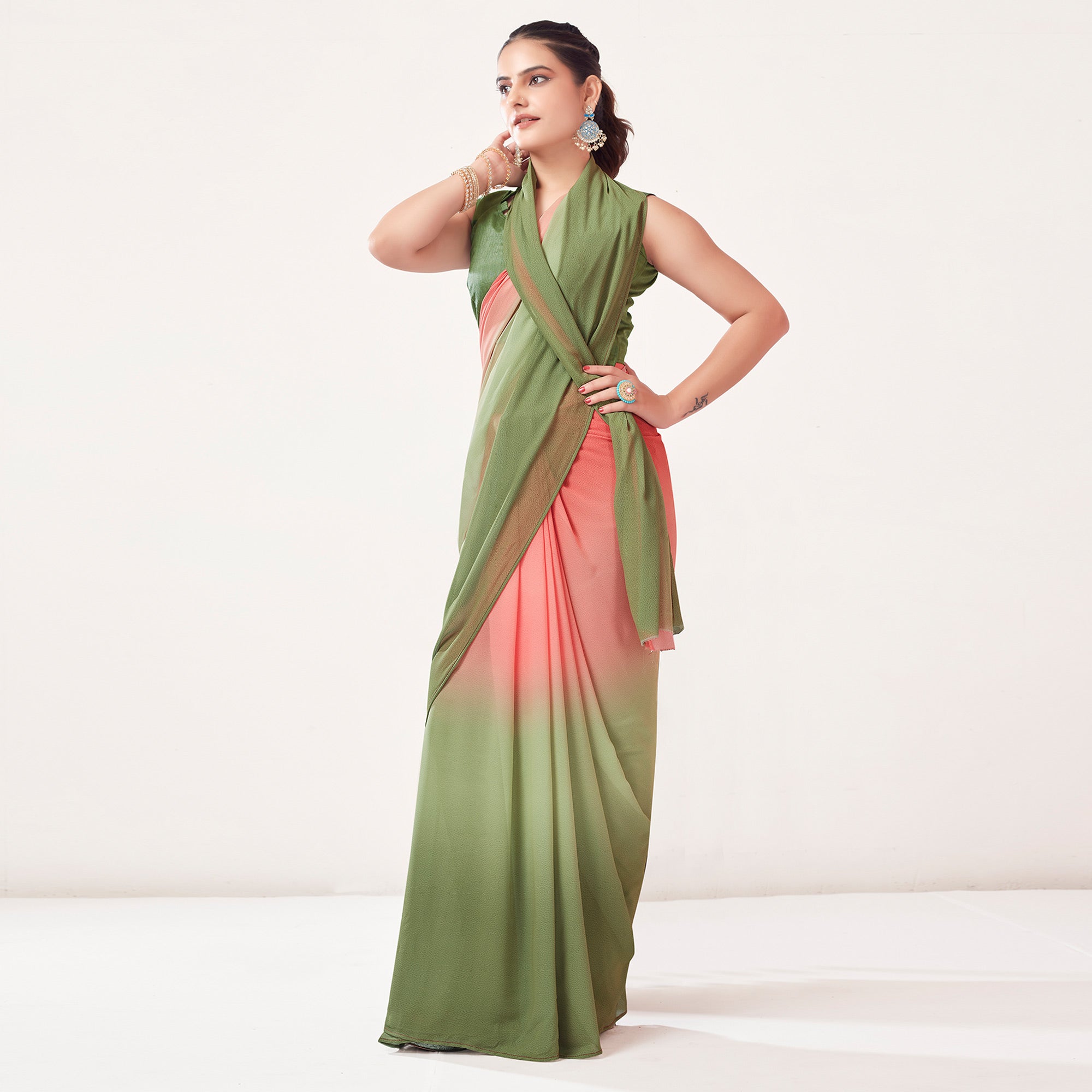 Pink & Olive Green Printed Georgette Saree