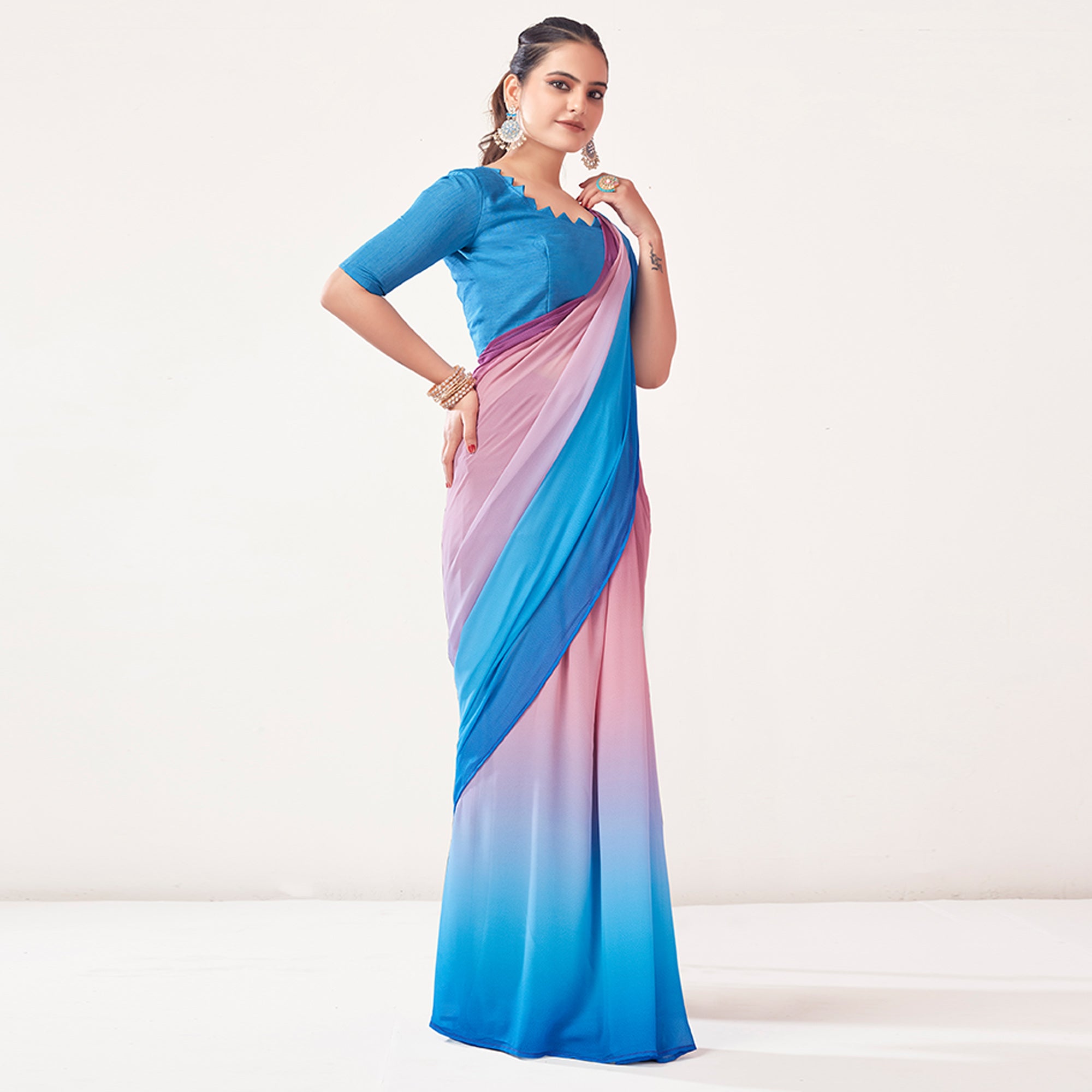 Pink & Blue Printed Georgette Saree