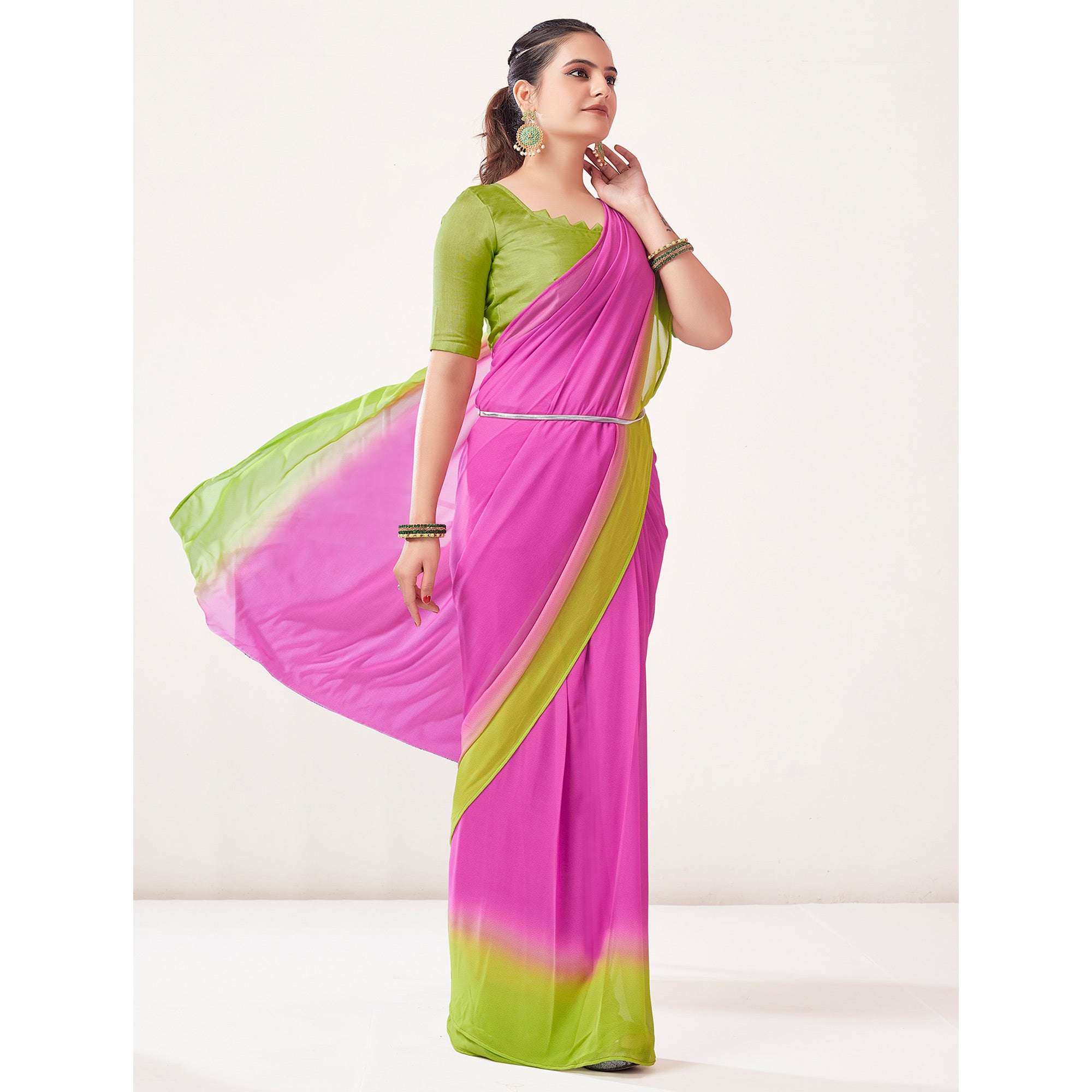 Pink & Neon Green Printed Georgette Saree