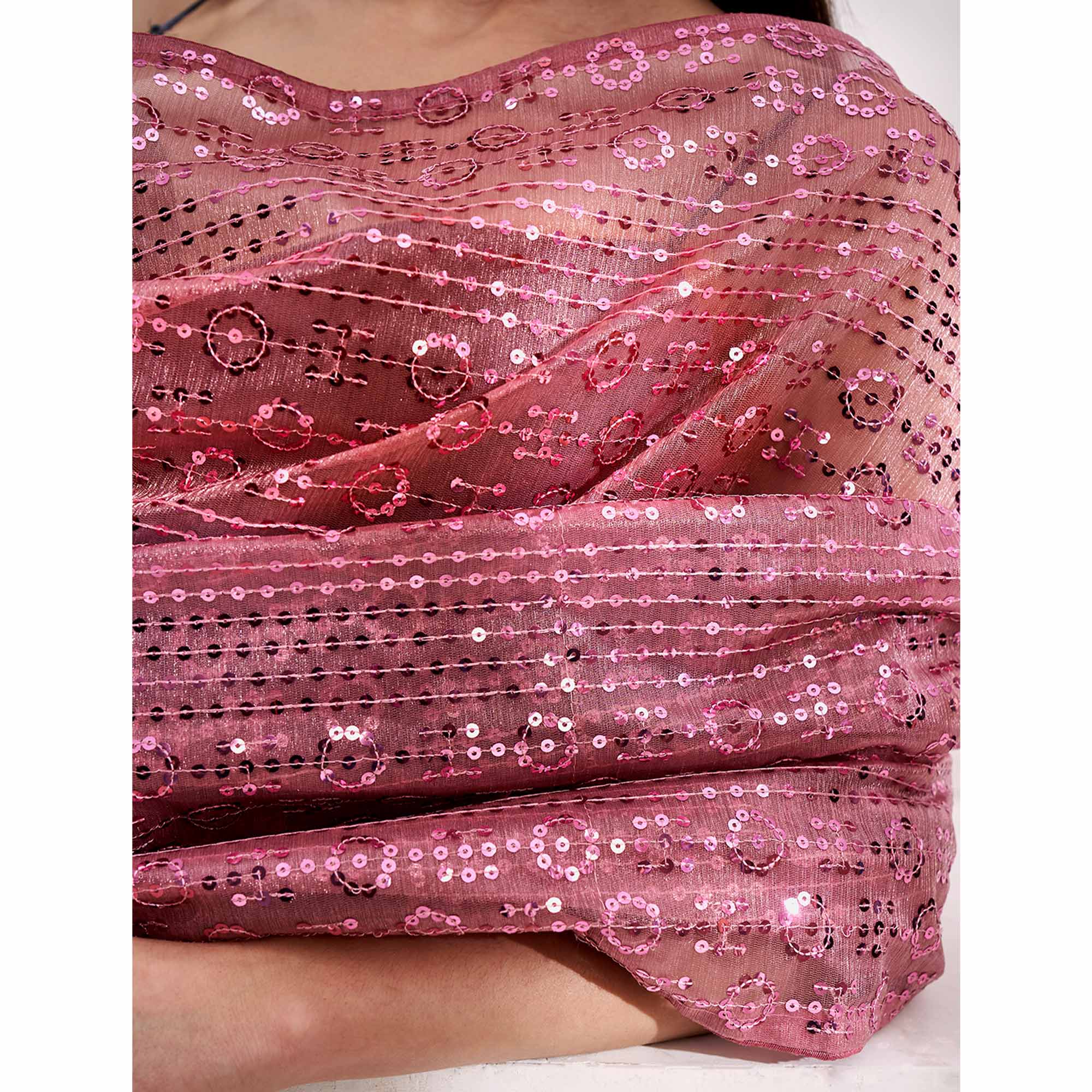 Pink Embroidered Sequinned Organza Saree