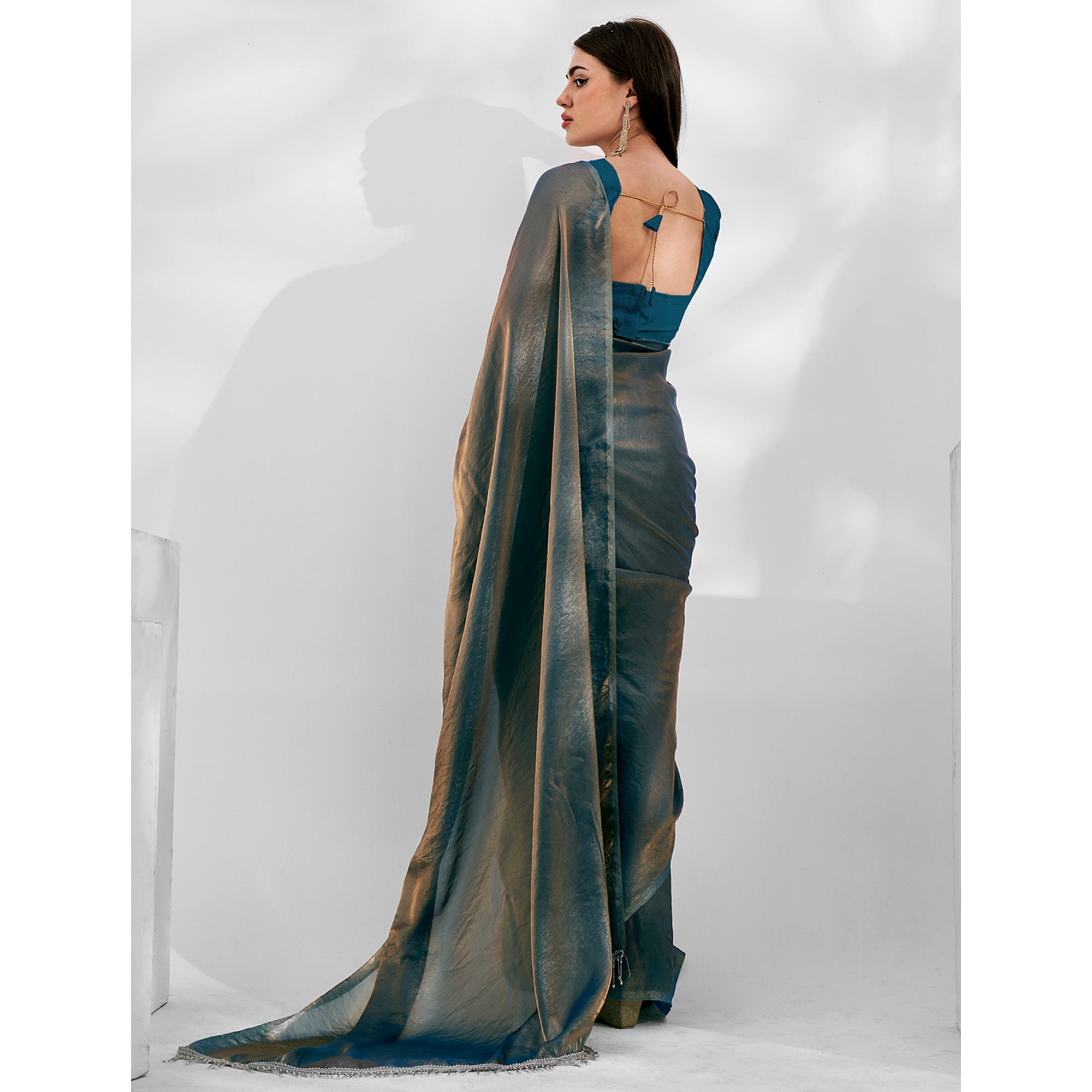 Blue Solid Organza Saree With Tassels Border