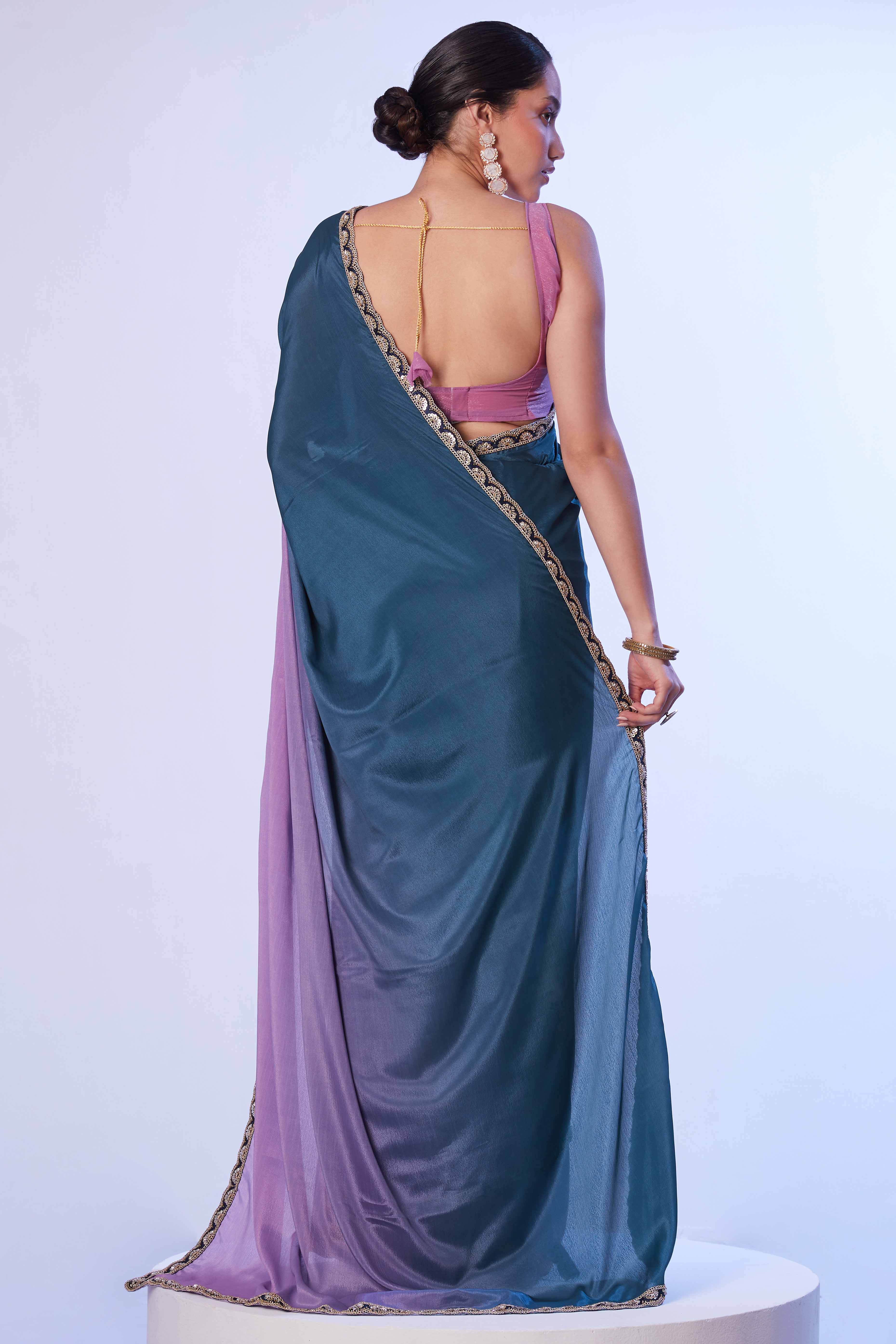 Blue & Purple Ombre Bliss Chinon Solid Saree