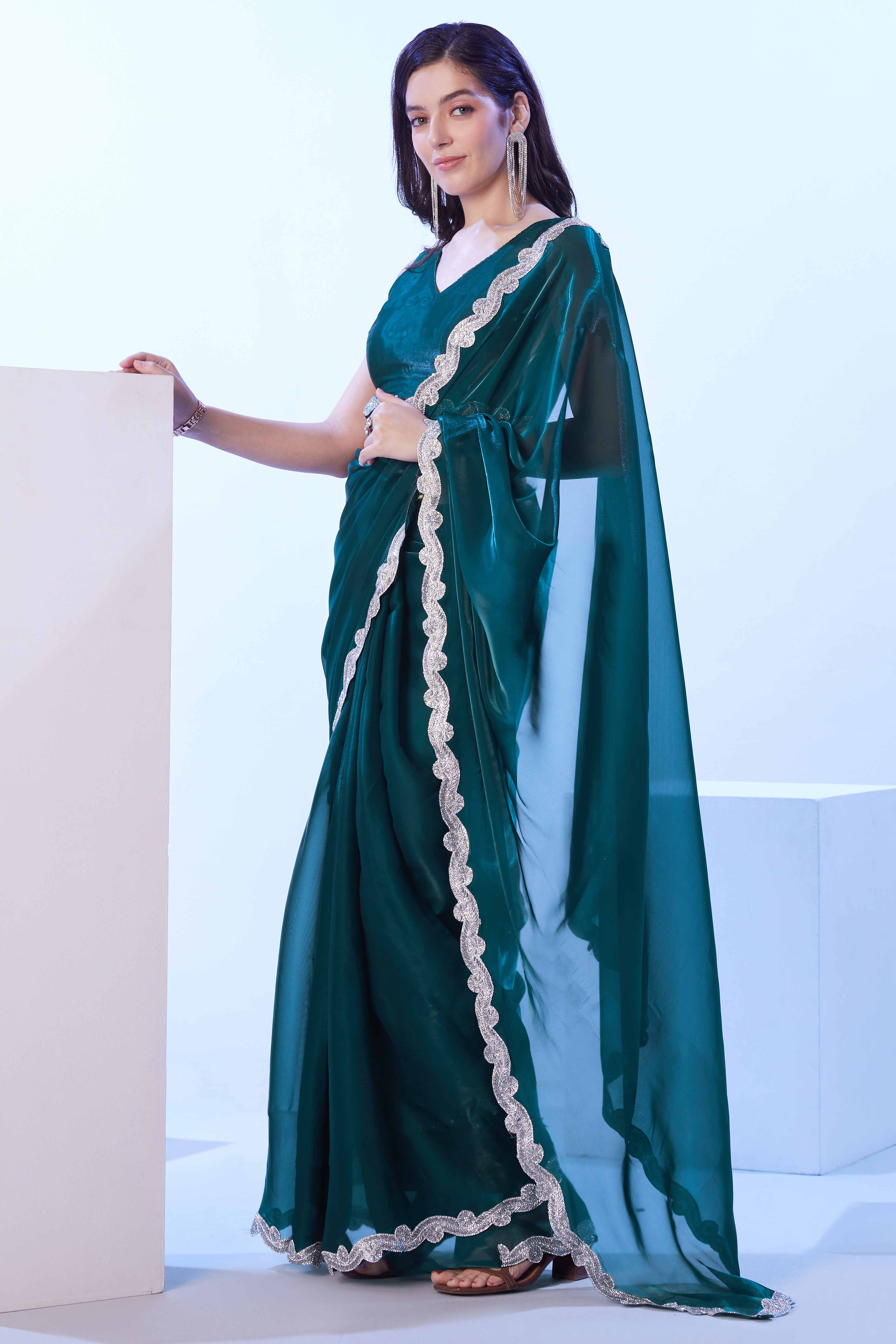 Morpich Green Satin Solid Embroidered Saree Adorned with Beads & Stones