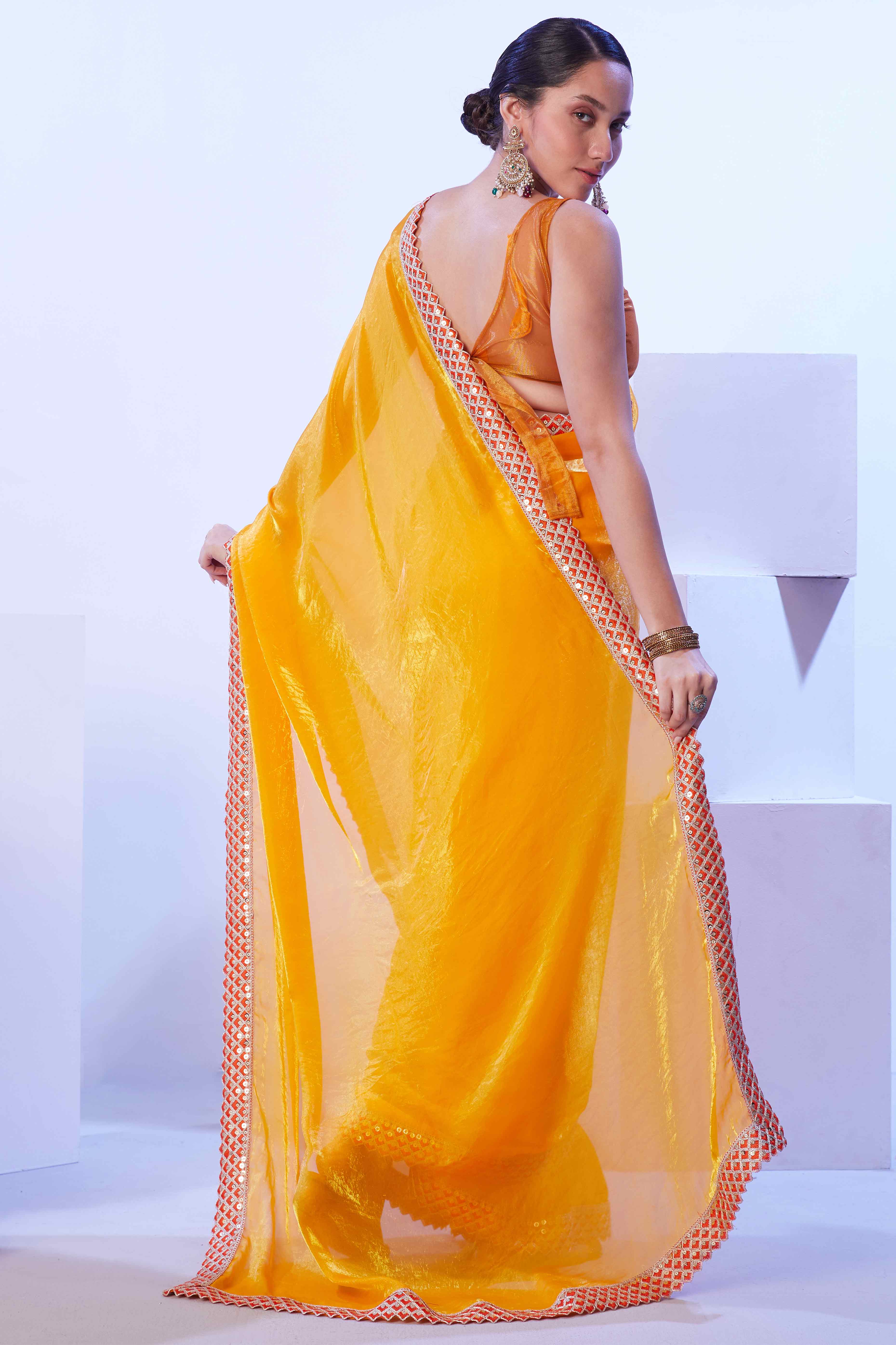 Bright Orange Satin Solid Embroidered Saree Adorned with Beads & Stones