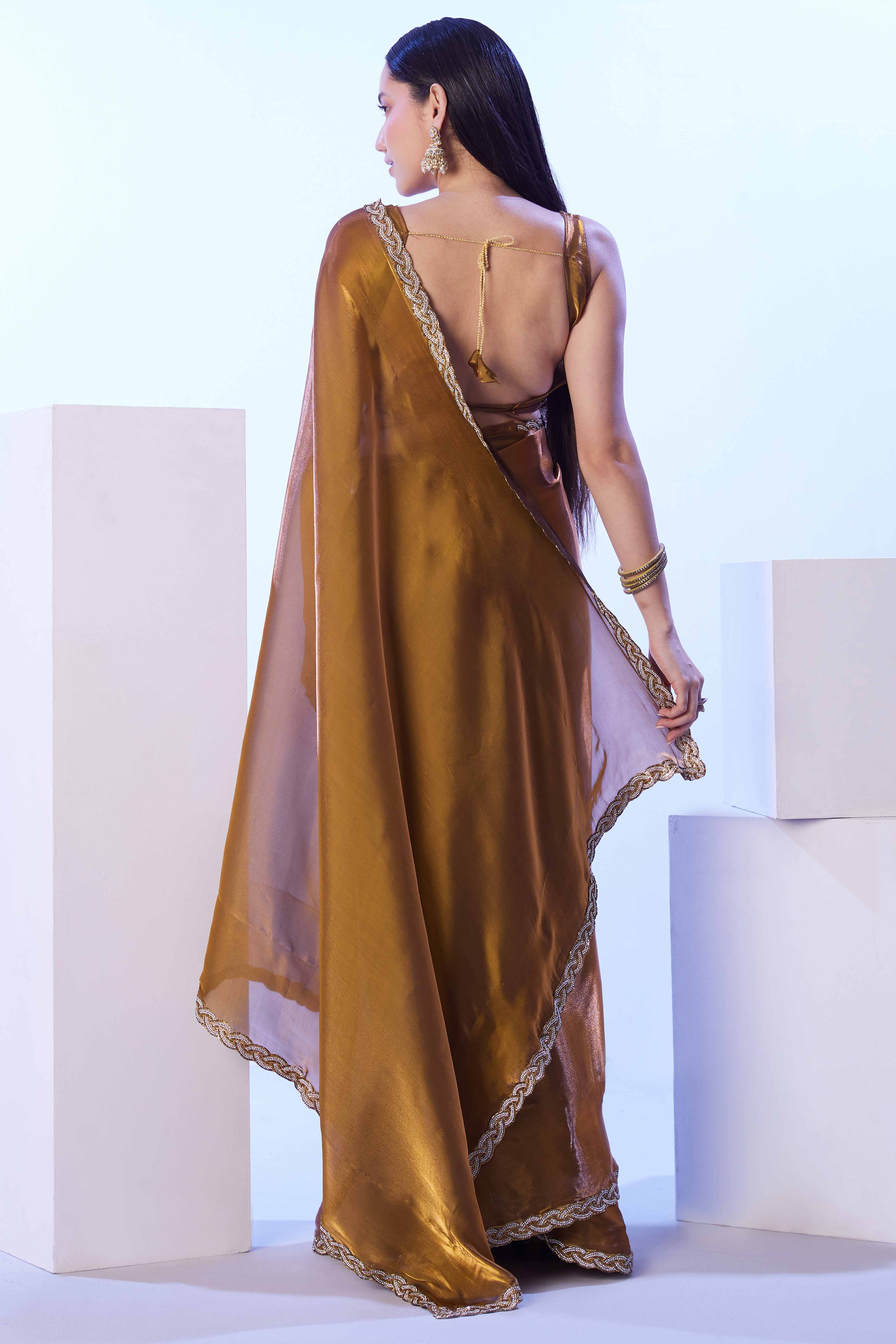 Copper Brown Satin Solid Embroidered Saree Adorned with Beads & Stones