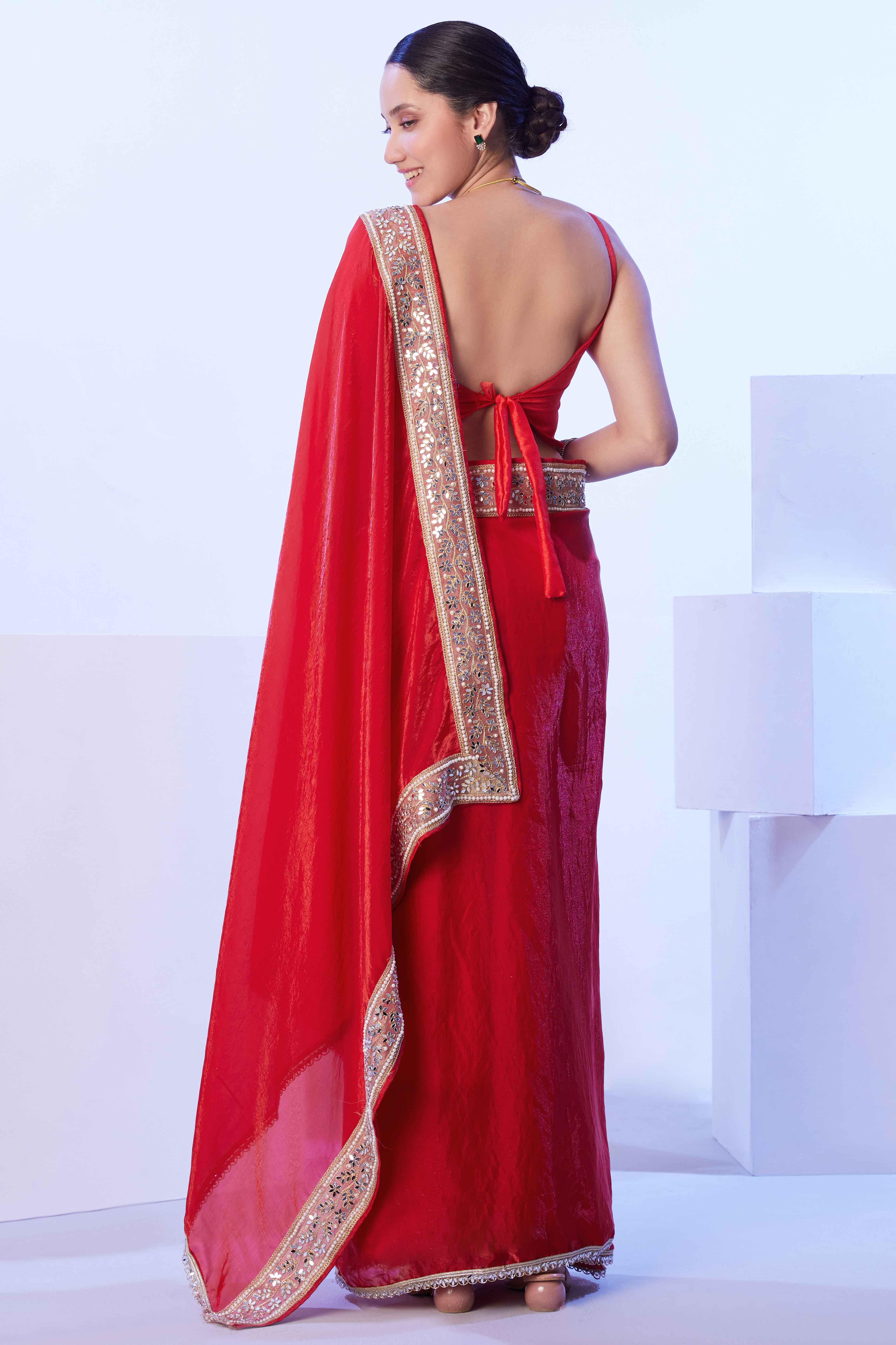 Red Satin Solid Embroidered Saree Adorned with Beads & Stones