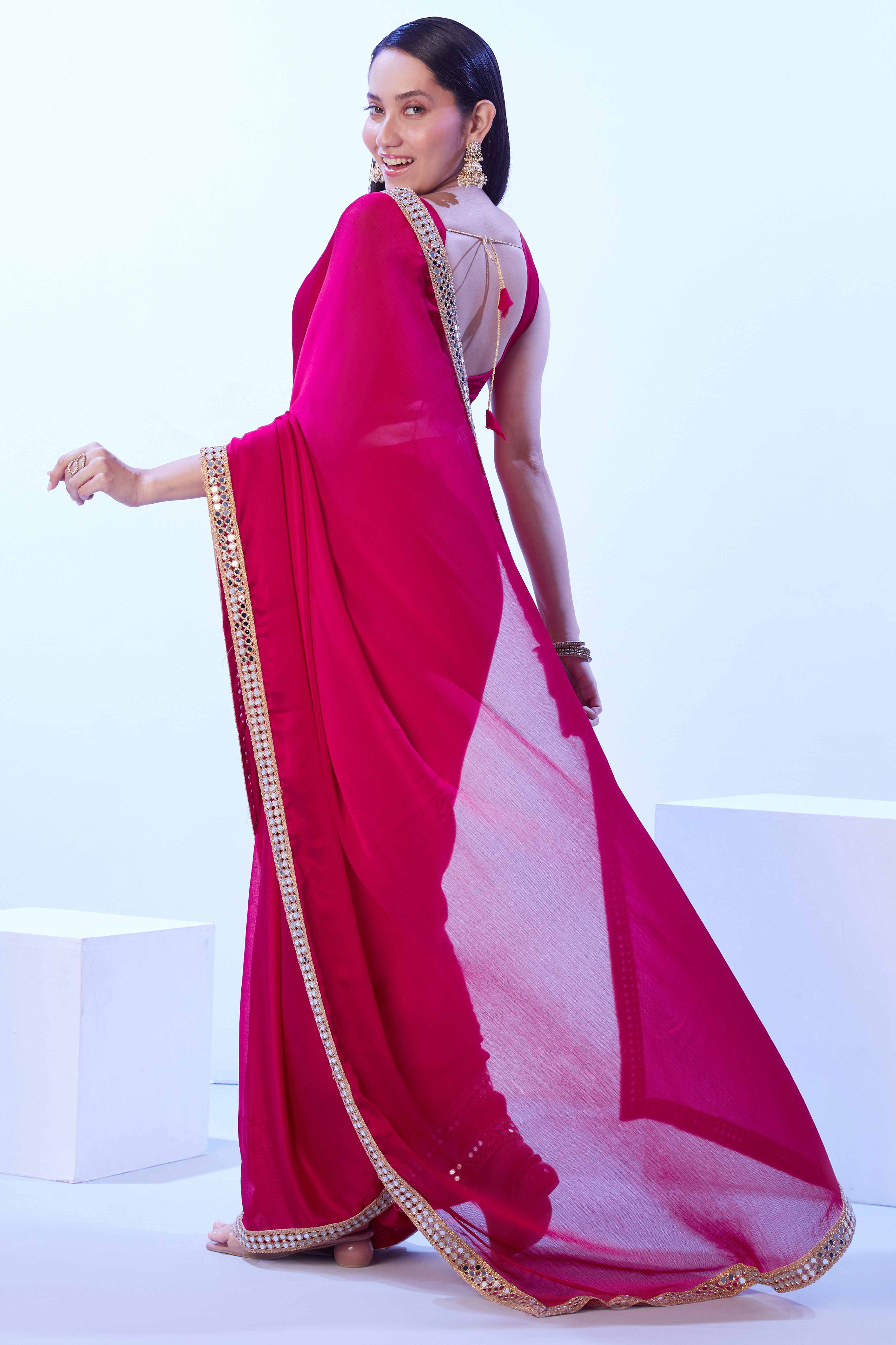 Hot Pink Satin Solid Saree Adorned with Mirror Work