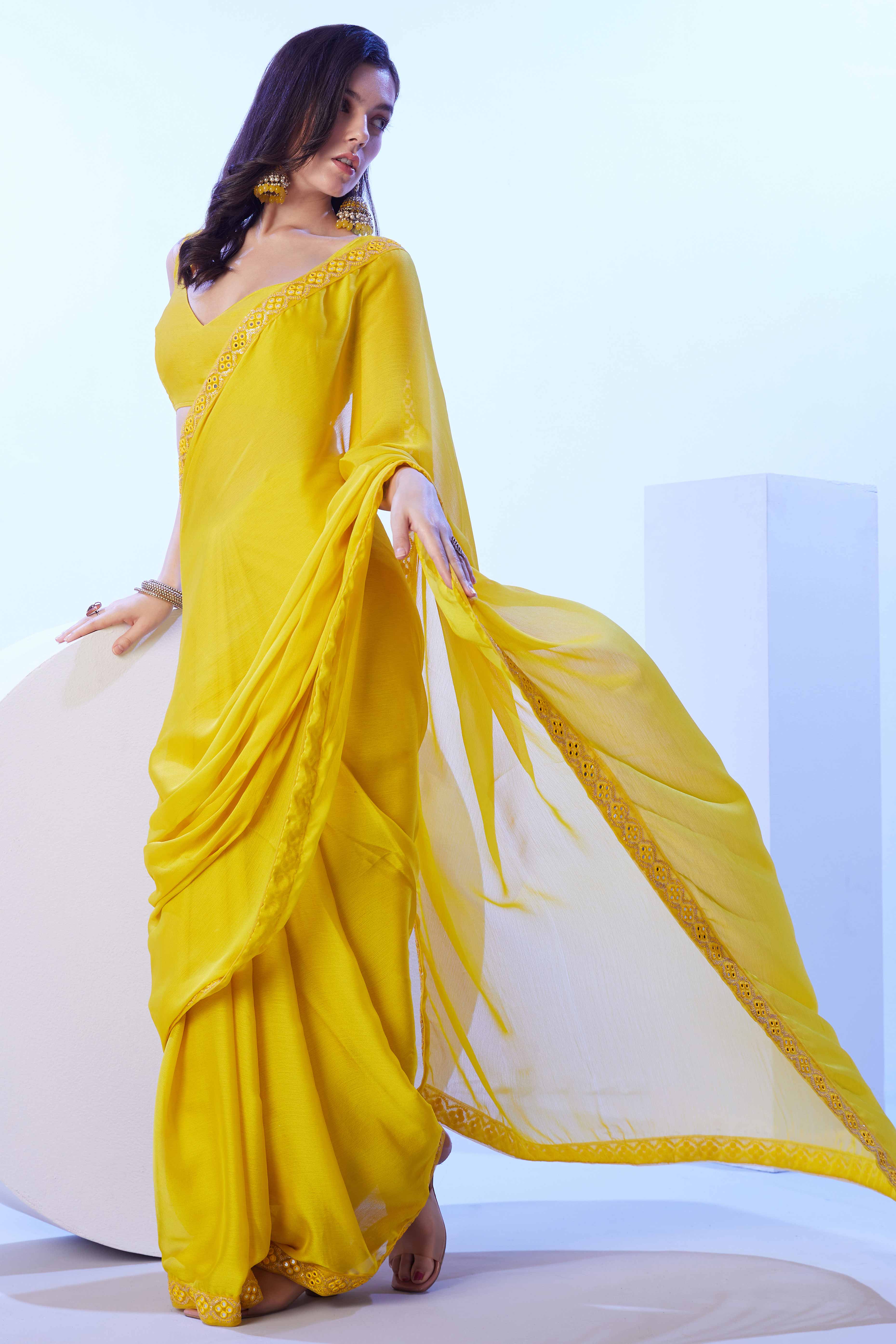 Lime Yellow Chiffon Solid Saree with Mirror Embroidery On Border