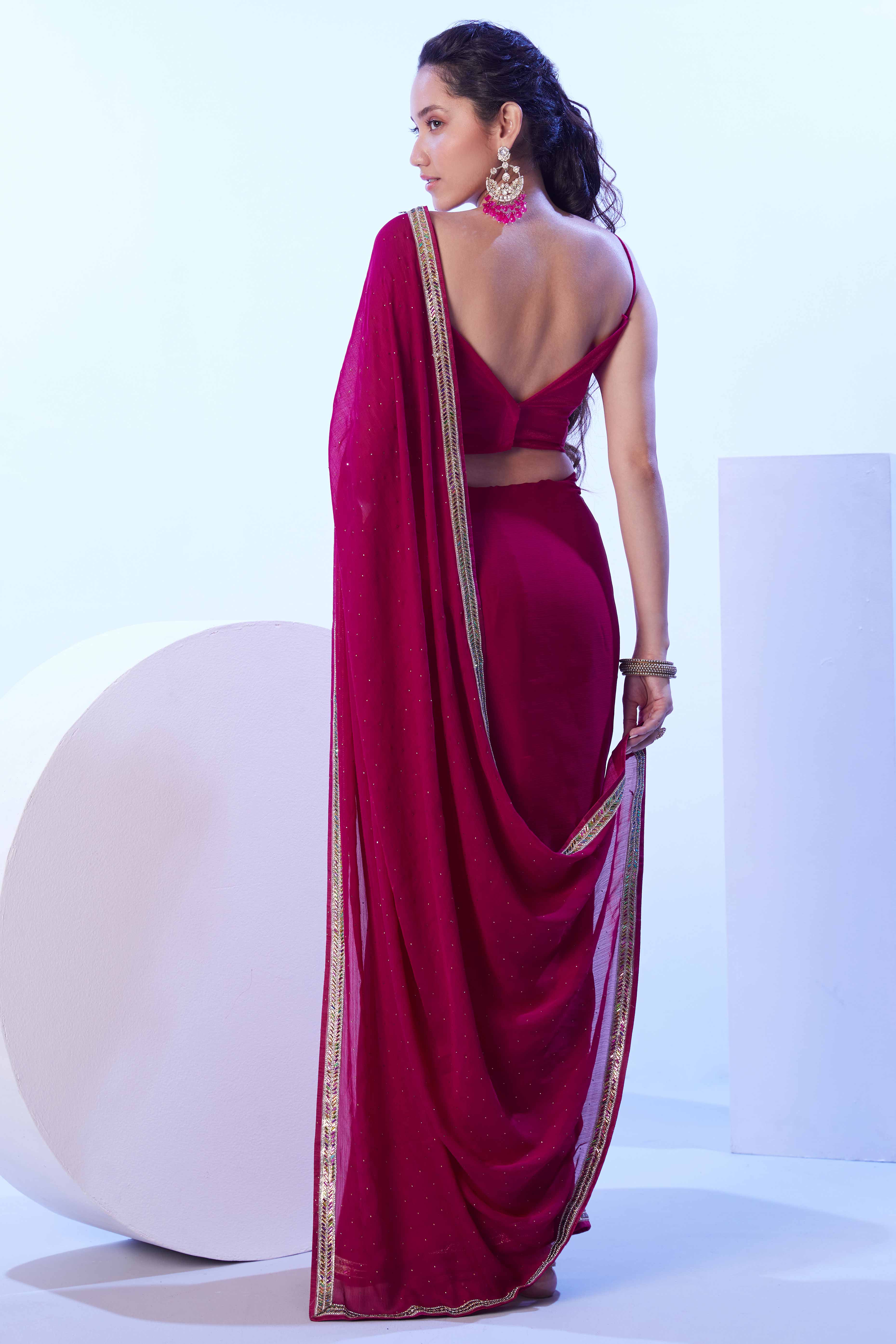 Wine Red Satin Solid Saree Adorned with Mirror Work