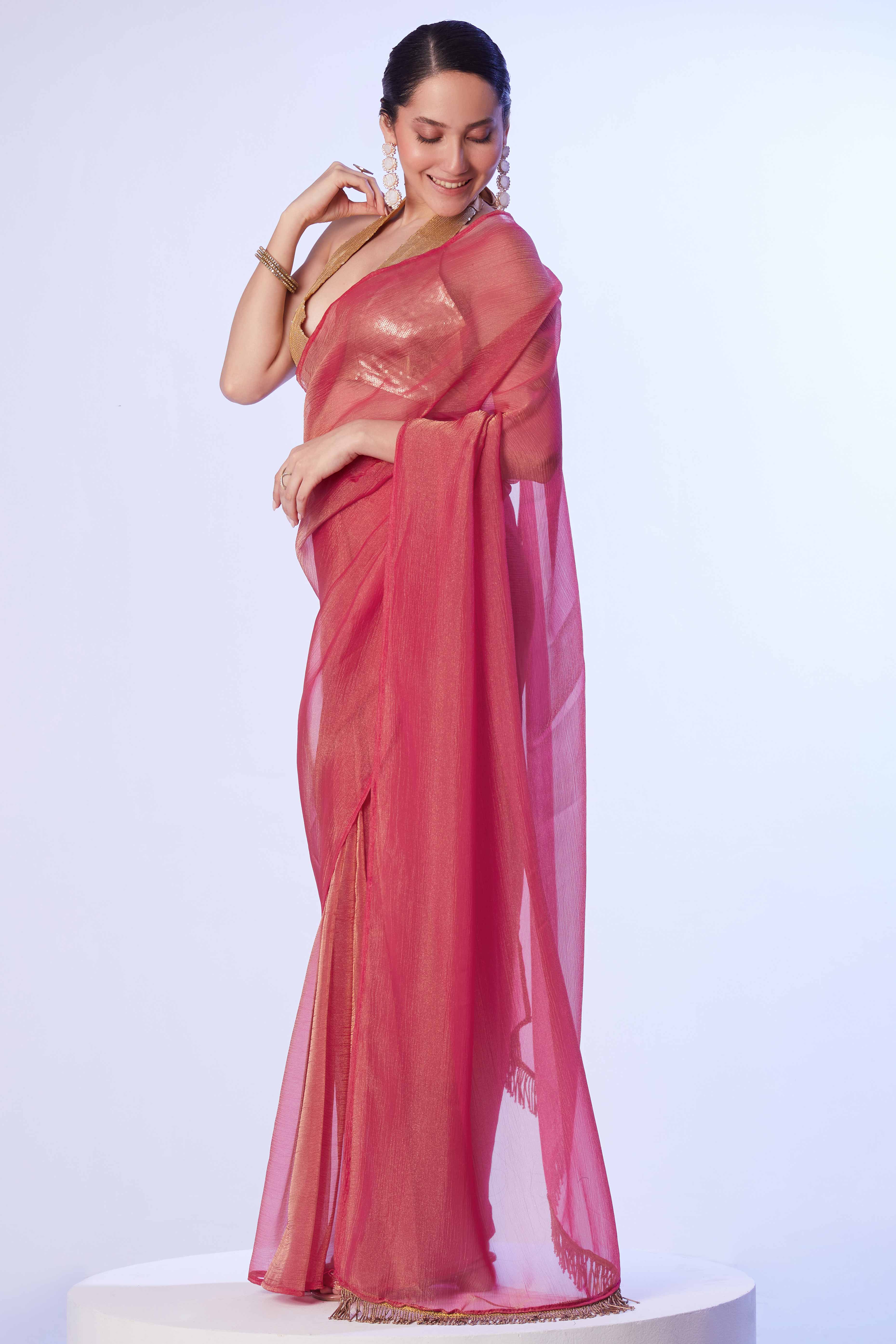 Light Red Satin Solid Embroidered Saree Adorned with Beads & Stones