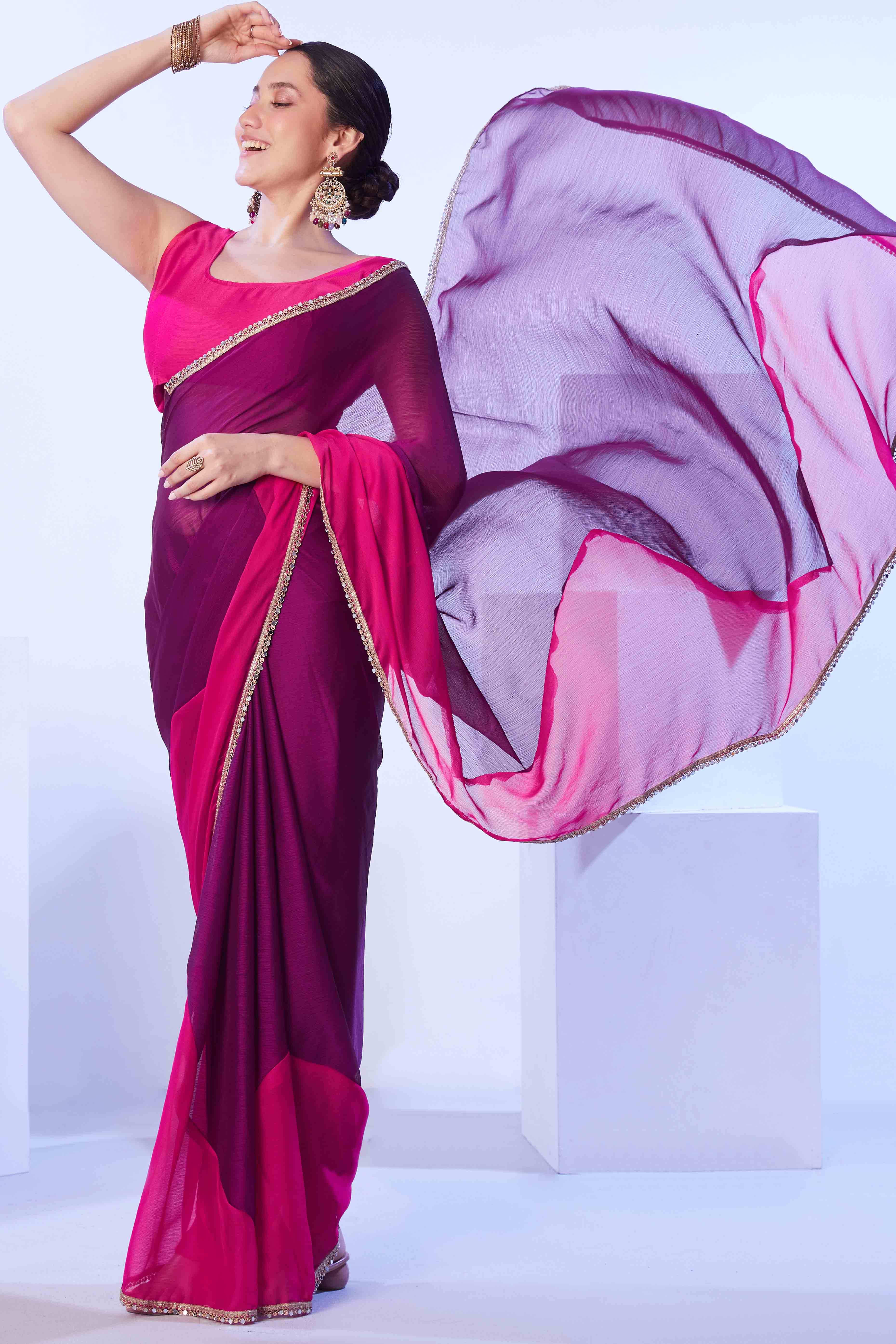Purple & Pink Satin solid Saree Adorned with Ombre Pattern